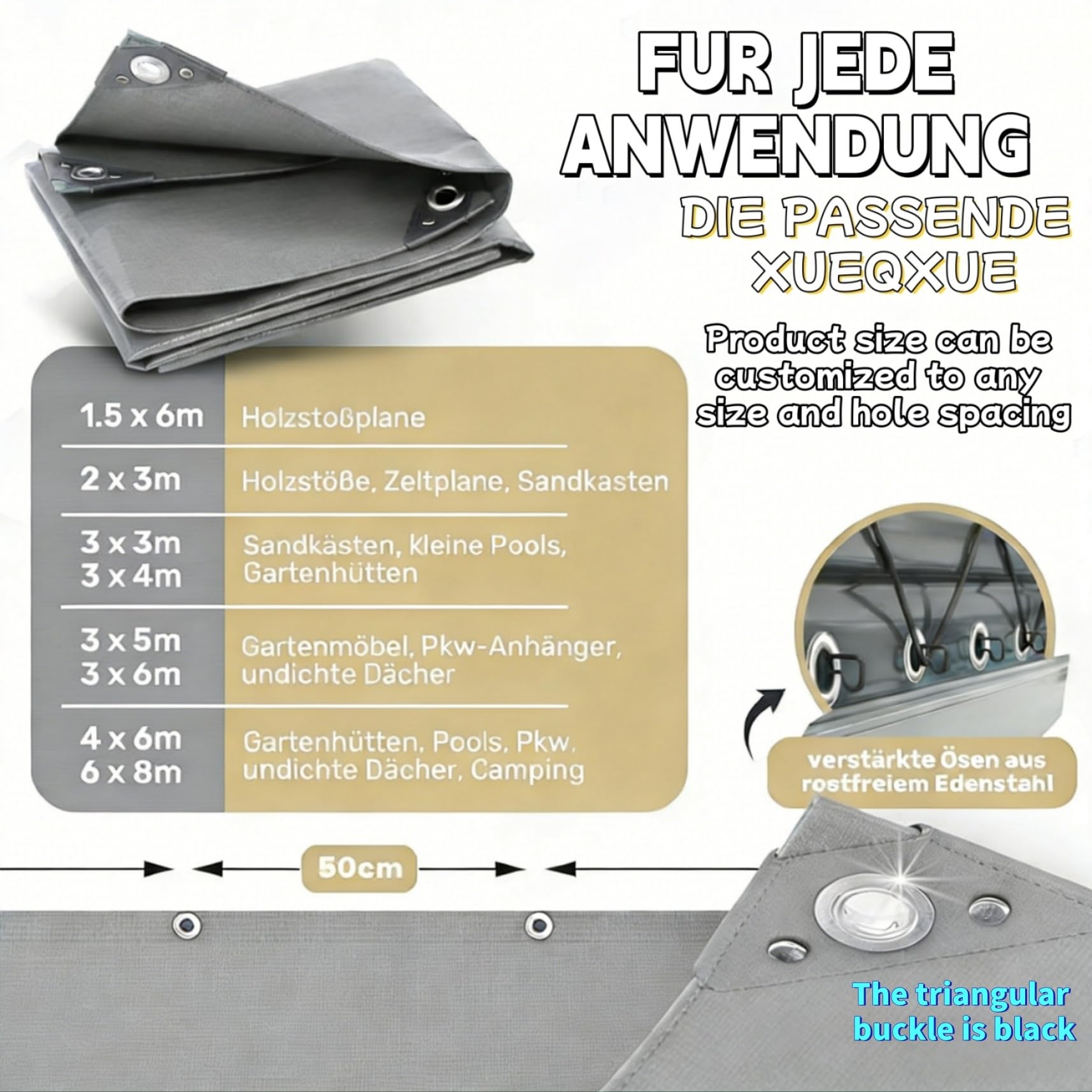 Abdeckplane 220 x 500 cm Uv-Stabil, Wasserfest, Abwaschbar & Langhaltig, Schutz vor Witterung - Ideal Geeignet Allzweckplane, Abdeckplane für Camping & Outdoor Garten, Grau