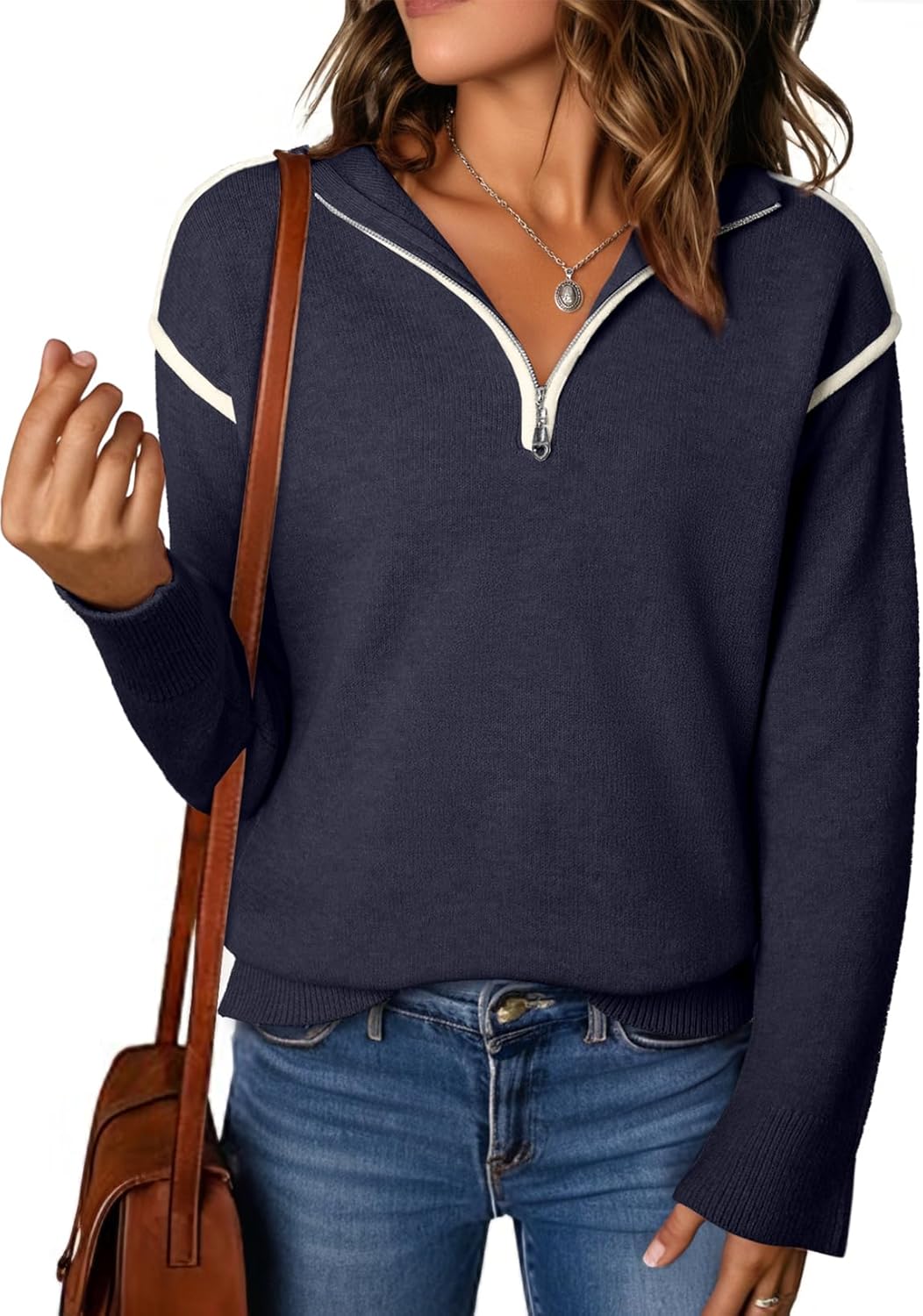 EVALESS Womens Sweaters V Neck Long Sleeve Quarter Zip Collared Ribbed Knit Dressy Casual Pullover Sweaters Outfits