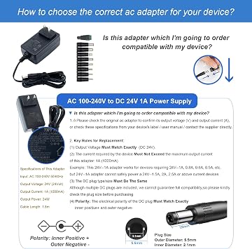 24V 1A Power Supply, 6 FT Power Cord ETL Certified AC 100V-240V to DC 24 Volt Power Supply Adapter with 5.5mm x 2.1mm Plug and 9 Interchangeable Plug, for 24V Electronic Devices ONLY