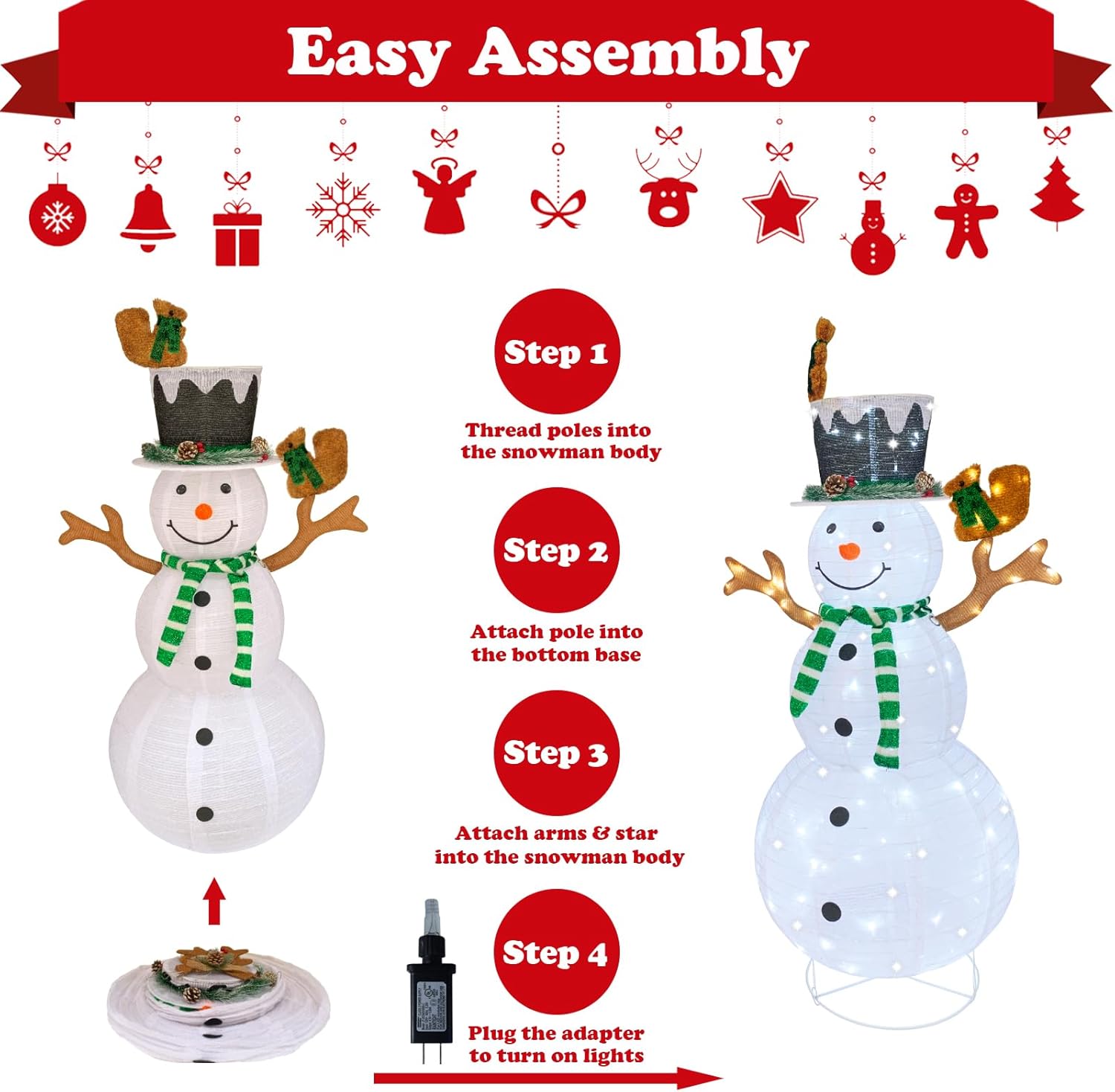 屋外雪だるまライト、ポップアップライト付き雪だるま屋外クリスマスデコレーション、プリライト付き120LEDライトプラグイン、折りたた