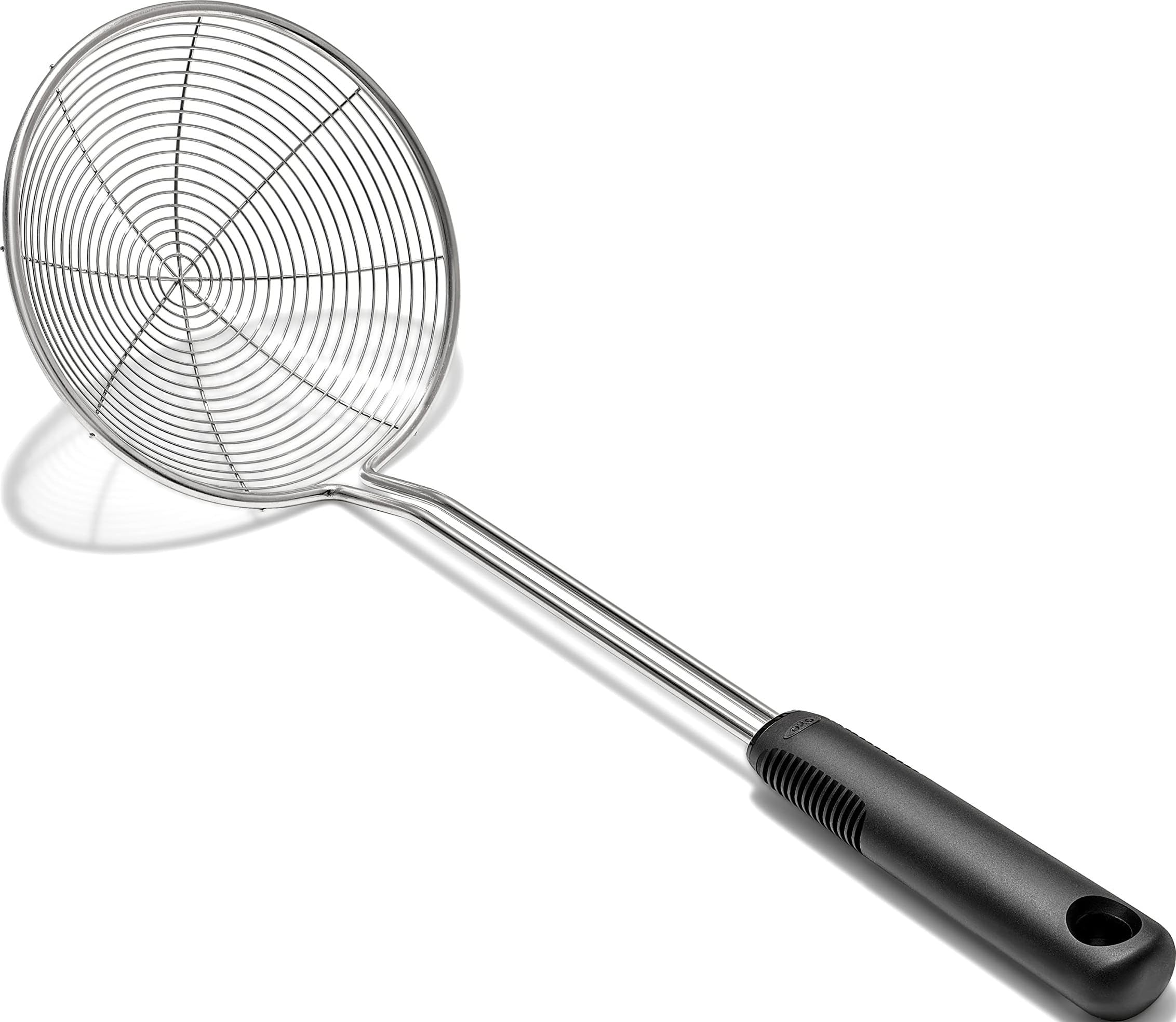 OXO Good Grips Stainless Steel Spider Scoop & Strain Skimmer | Wire-Coil Spider Skimmer, Deep Open Basket, Long Angled Handle, Ideal for Blanched, Boiled or Fried Foods, Dishwasher Safe