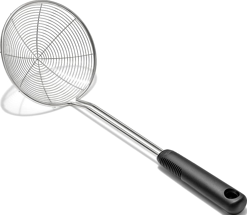 Good Grips Stainless Steel Spider Scoop & Strain Skimmer | Wire-Coil Spider Skimmer, Deep Open Basket, Long Angled Handle, Ideal for Blanched, Boiled or Fried Foods, Dishwasher Safe