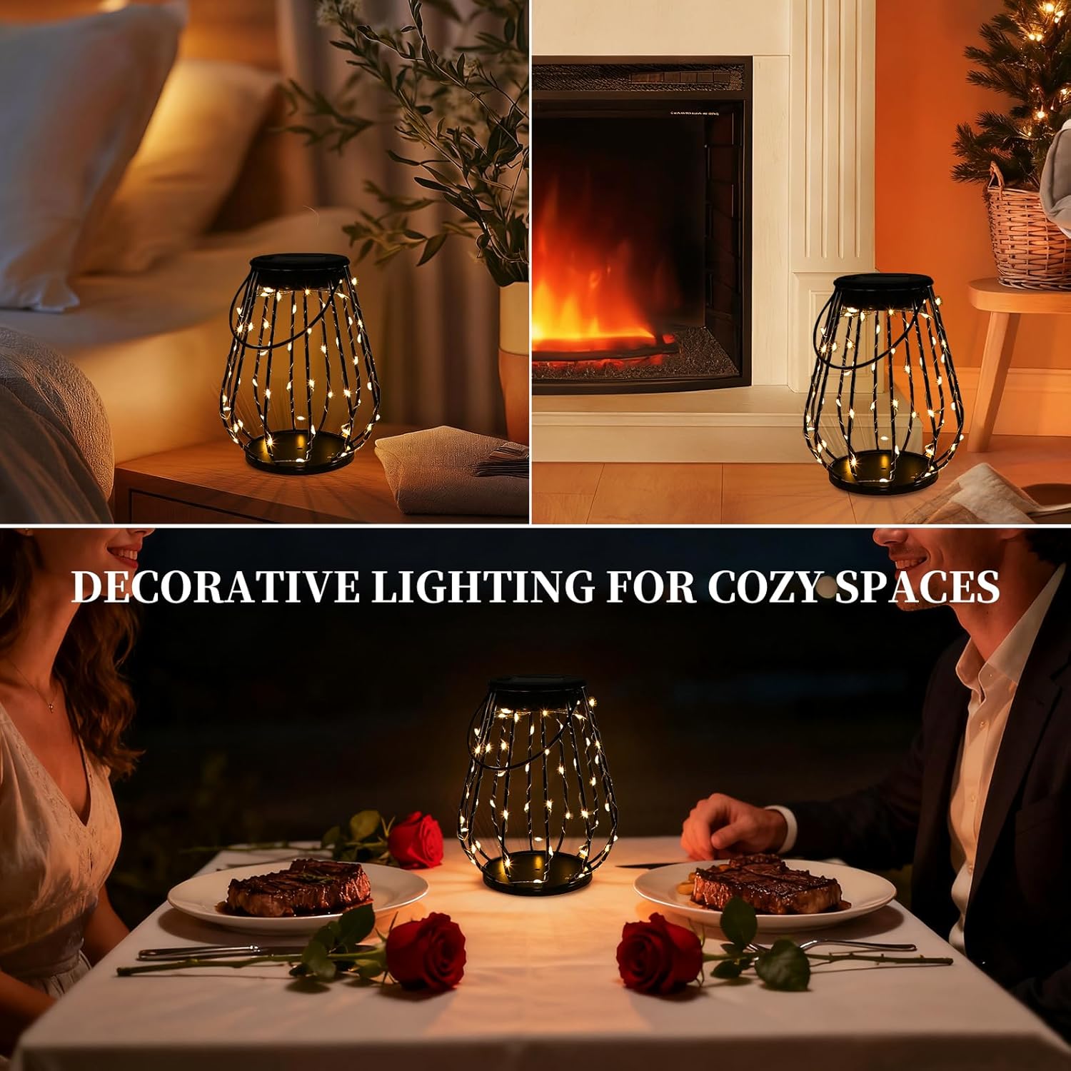 Solar Hanging Lantern Outdoor 2 Pack, Metal Cage Solar Lanterns with Warm White LED Lights, Waterproof Solar Powered Garden Decor Lights for Patio, Porch, Balcony, Yard, Outdoor Gifts