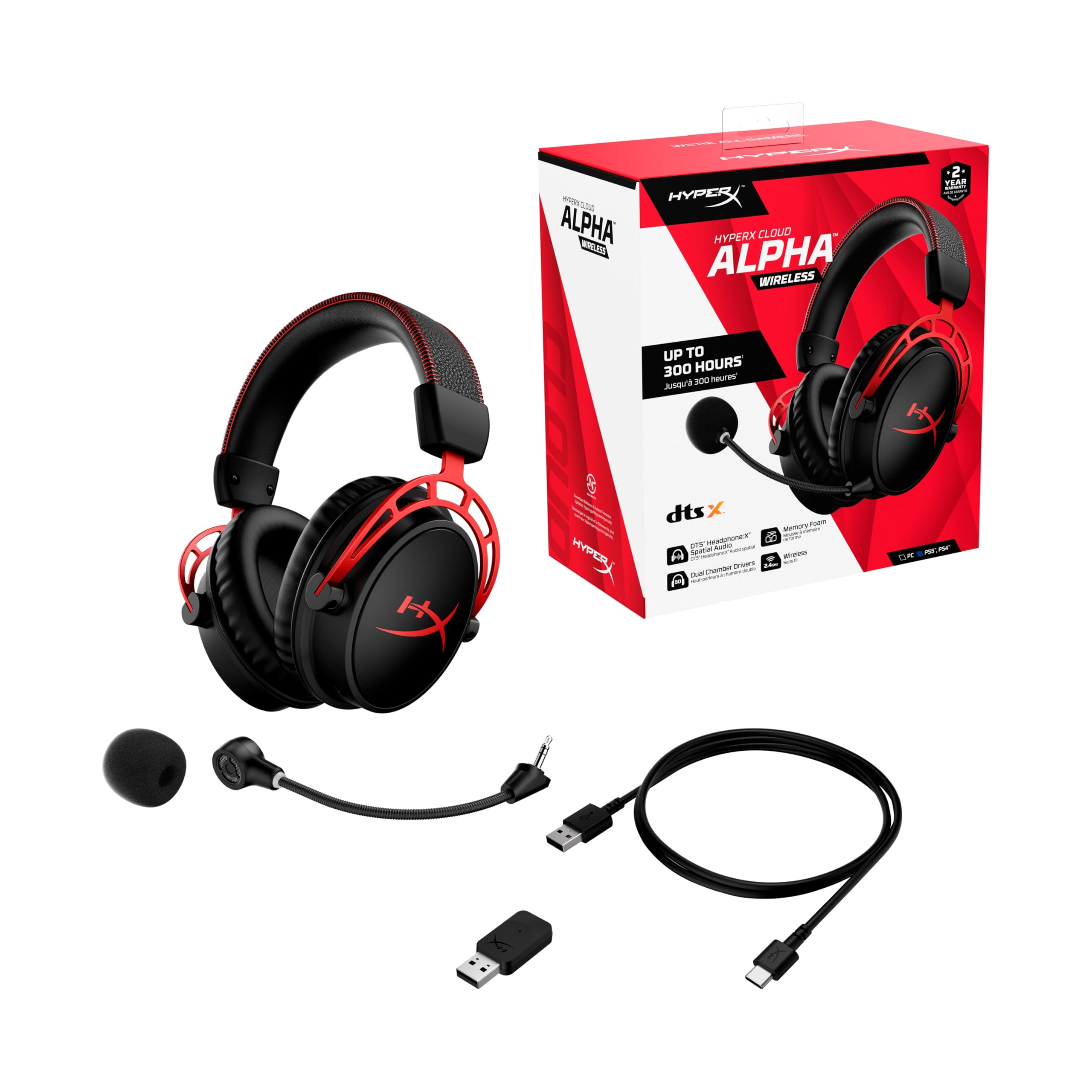 HyperX Cloud Alpha Wireless, Casque gaming PC, 300 heures autonomie, Audio spatial, Mousse à mémoire de forme, Transducteurs double chambre, Micro antibruit, Cadre en aluminium, Rouge et Noir
