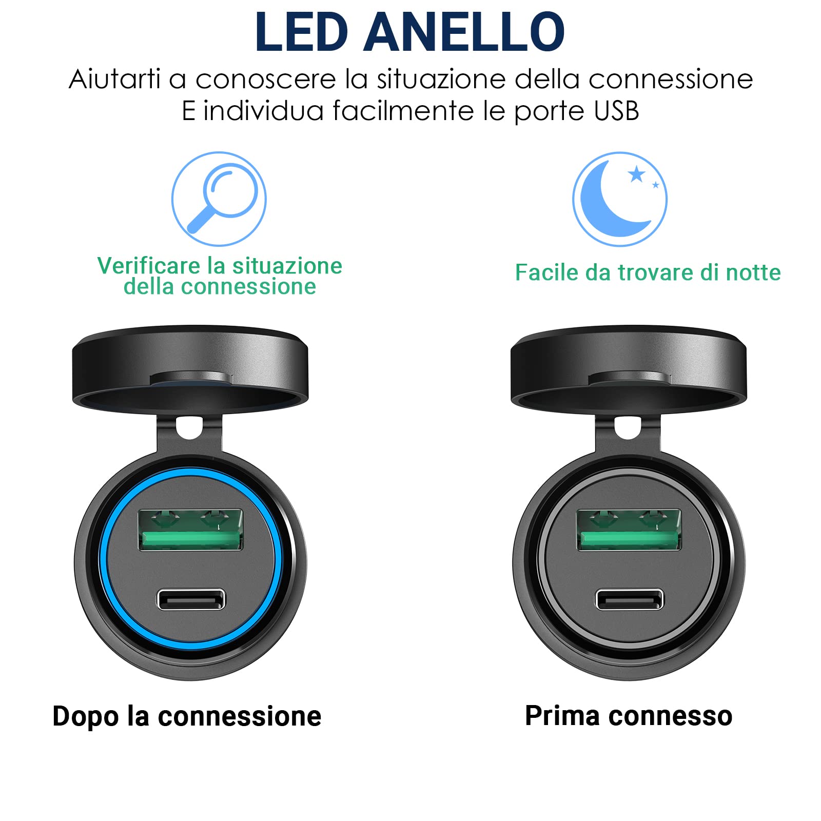 Prese DIN a USB per Ricarica Rapida Moto BMW, Qidoe Metallo PD 3.0 & 18W QC 3.0 Adattatore Presa Din Hella a USB Caricatore con LED Blu per 12-24 Volt Motocicli Europei Ducati/Triumph/BMW
