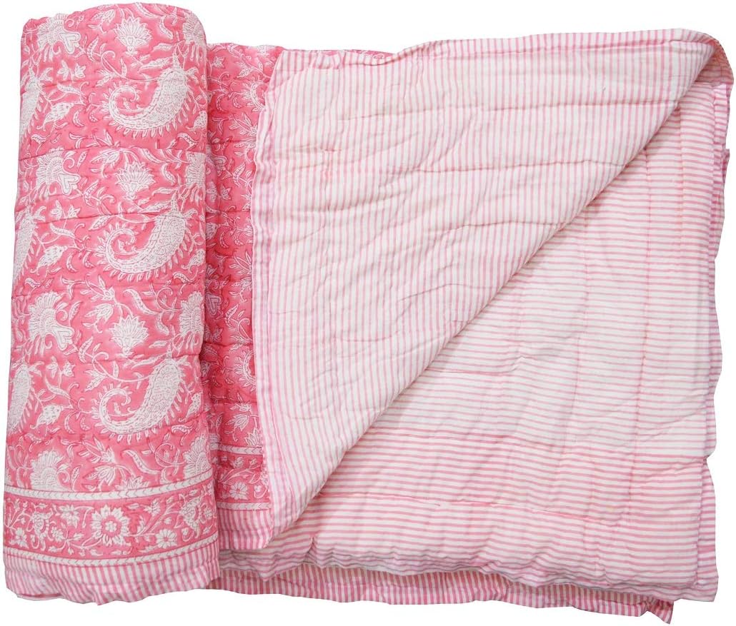 Ethnicfashville Indian Hand Block Paisley Print Handmade Light Weight In Side Doctor Cotton Queen Size Reversible Razai Quilt Throw Ethnic Coverlet Blanket