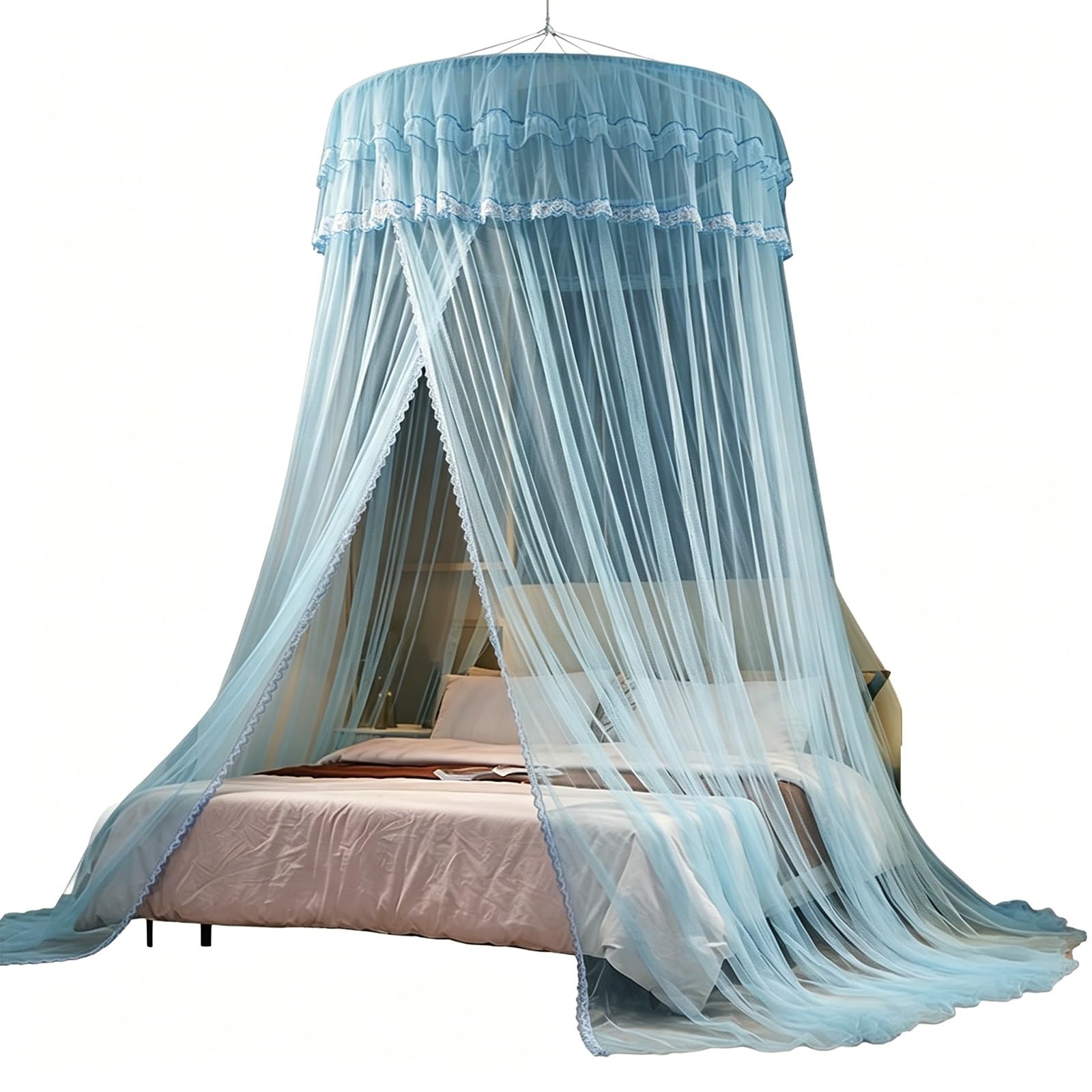 SARKEY Tulle Mesh Round Bed Canopy,Romantic Mosquito Net Curtain,Lace Tent,Large Space,Ceiling,Princess For Girls,Hanging Reading Nook,for Women Adults Bedroom Decoration(Aquamarine)