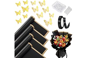 Unarty Black Flower Wrapping Paper with Gold Butterfly Decoration and 50 Pcs Flower Pin