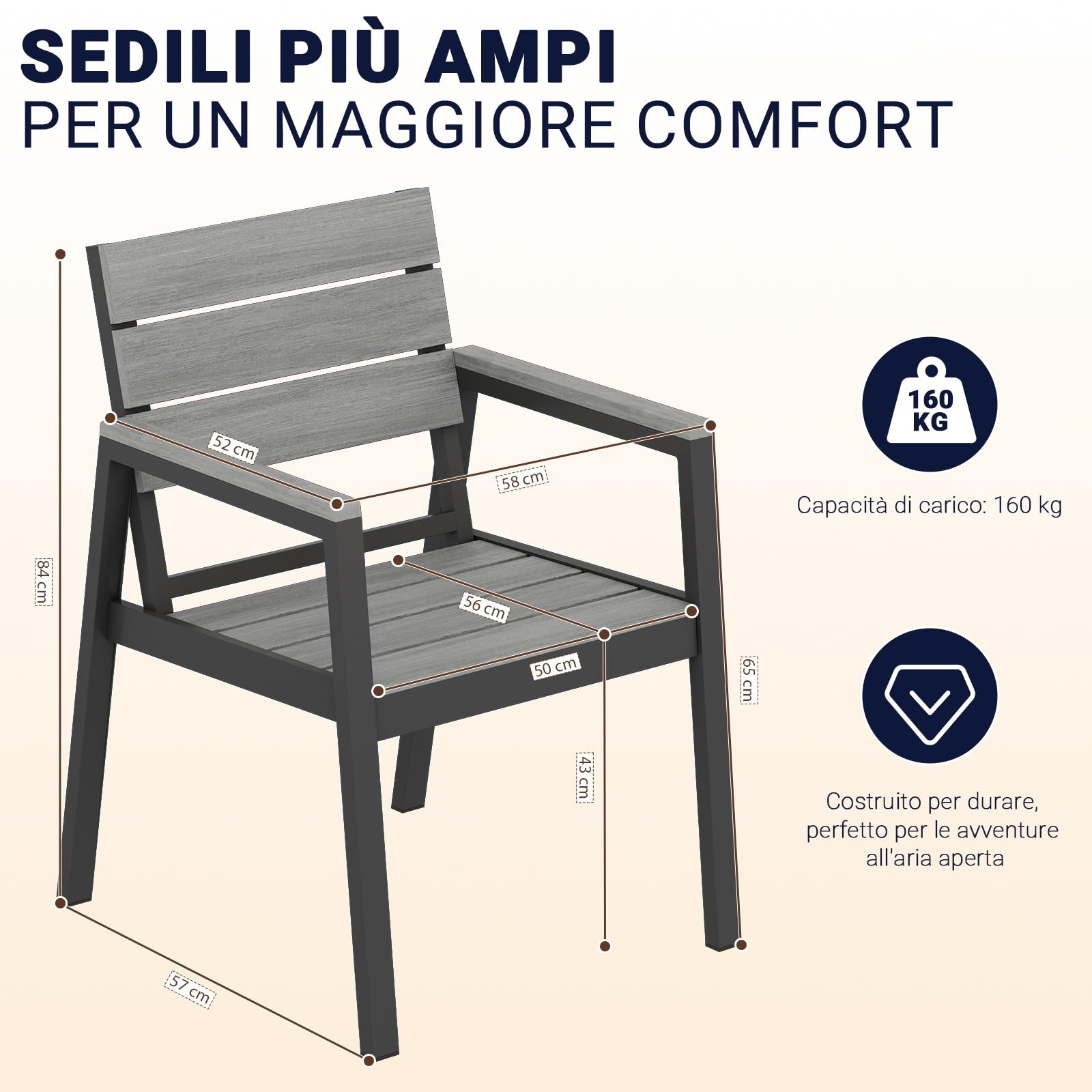 Devoko Sedie da Giardino Set di 2, Sedie da Esterno Alluminio Resistenti e Impermeabili con Finitura a Vena di Legno, Seduta di Dimensione Maggiorata che Supporta 160 kg, Facili da Pulire, Grigio