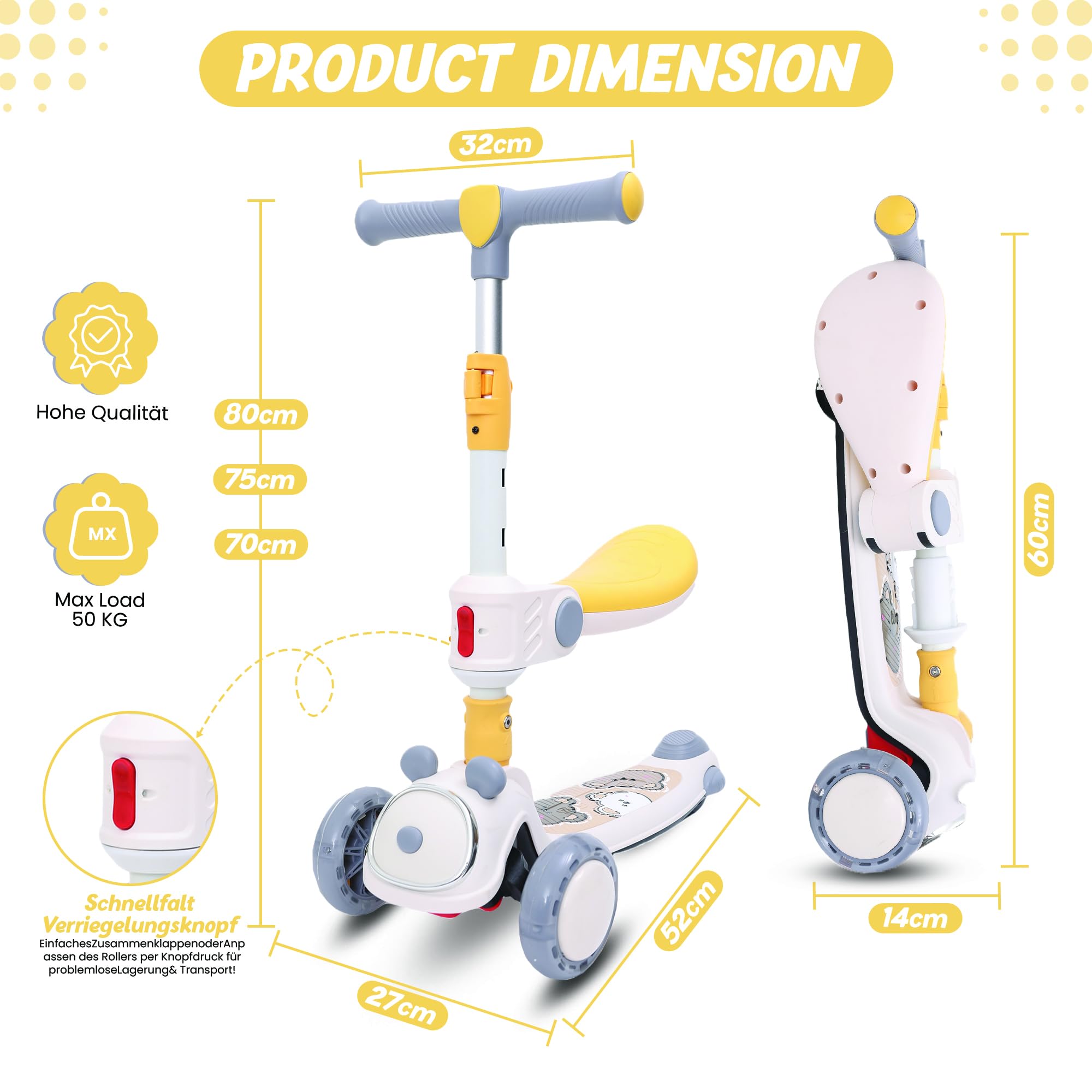 Habib Gruppe Patinete infantil 2 en 1 plegable con asiento, ruedas LED, ajustable y ligero (1-12 años), seguro y robusto