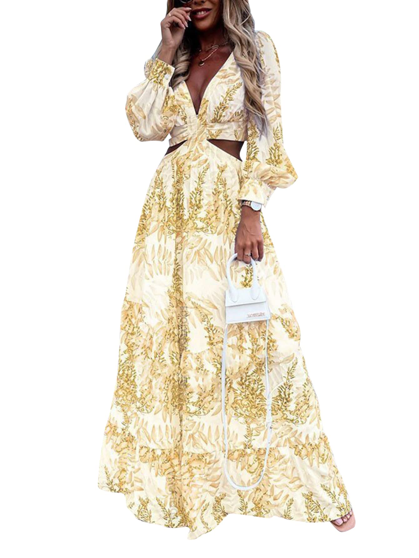 Cotton Dresses Summer Loose Print Long V Neck Yellow main image 1