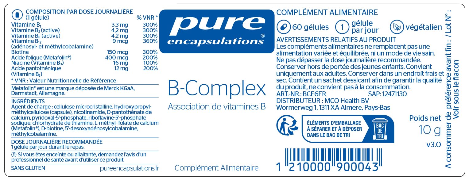 Pure Encapsulations - B-Complex - Association de 8 Vitamines B Hautement Assimilables - Contribue à Un Métabolisme Énergétique Normal - 60 Gélules Véganes