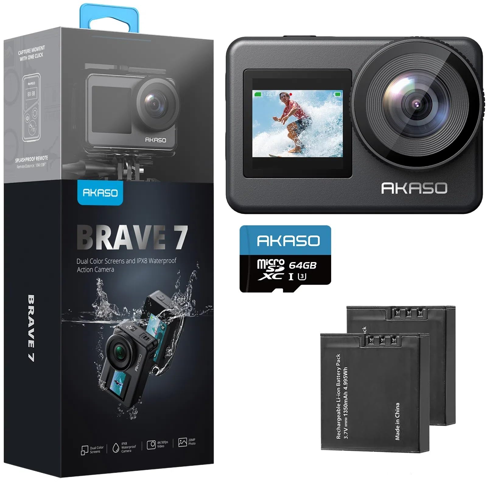 AKASO Brave 7 Action Camera 4K60FPS 20MP 64GB U3 MicroSDXC Card