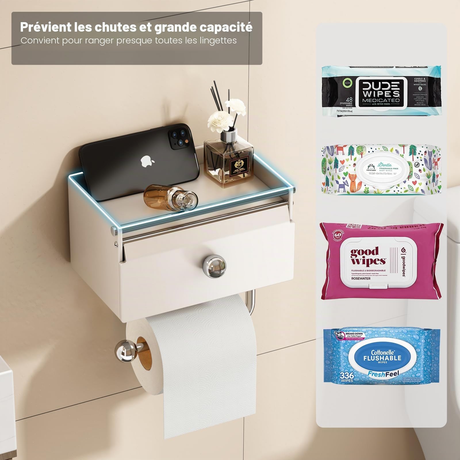 VOLDRA Porte Papier Toilette Mural, Support Papier Toilette sans Percage Papier Toilette Murale Porte Rouleau Papier Toilette Réserves à Rouleaux De Papier Toilette Conception à Rabat Avant(Blanc)