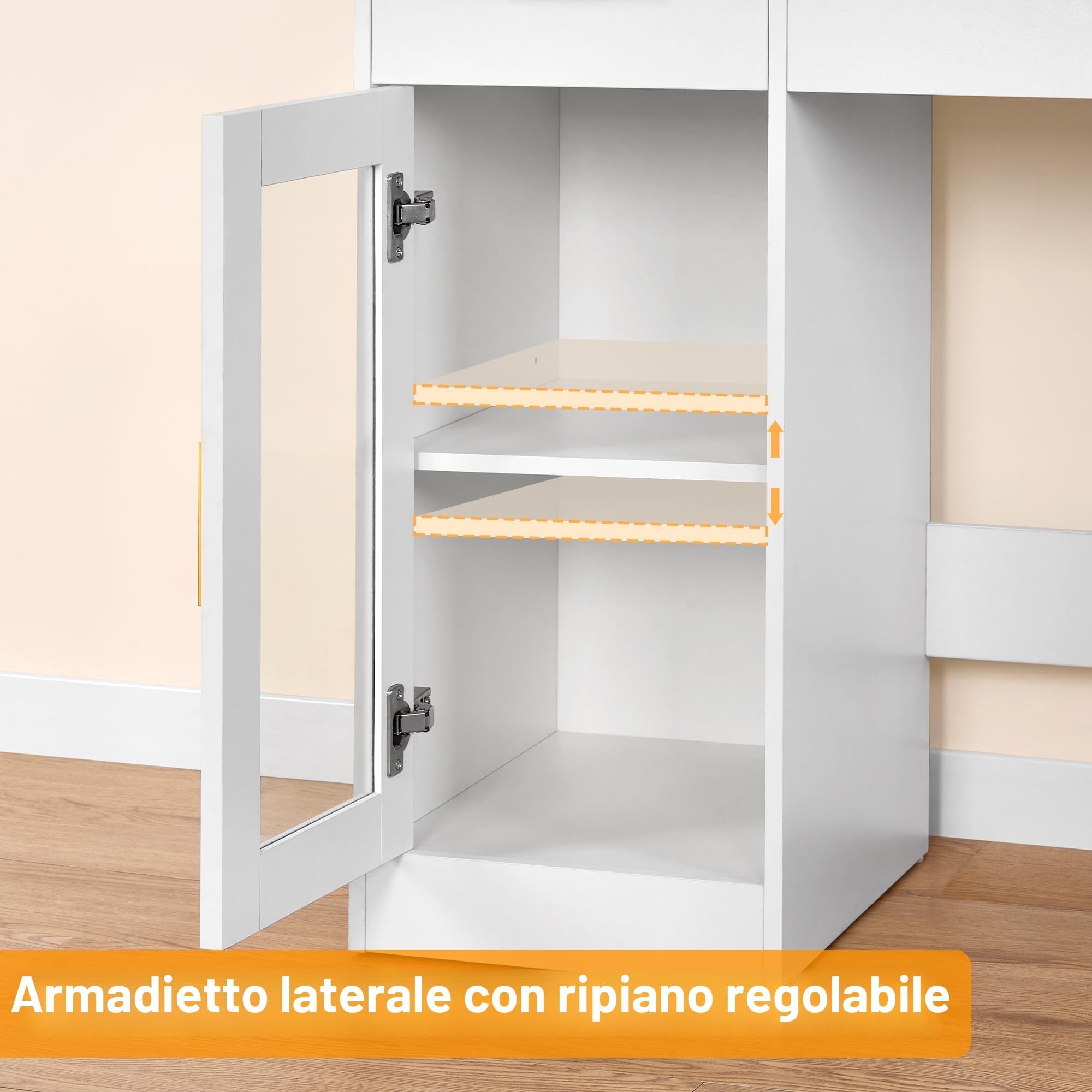 BEWISHOME Grande Toeletta da Trucco con Specchio e Luci,Luminosità Regolabile, Toeletta Trucco con Piano in Vetro,Tavolo da Trucco con Presa,5 Cassetti,per Camera da Letto Bianco EFST34W