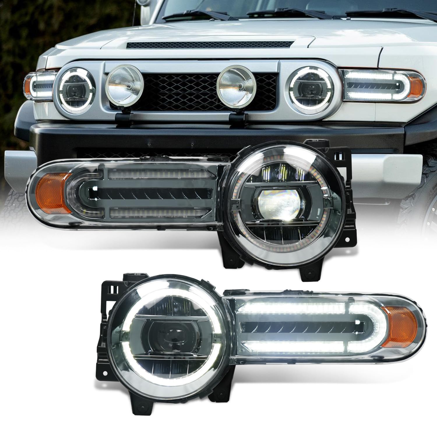 Archaic Headlight Assembly for Toyota FJ Cruiser 2007-2021, Sequential Turning Front Lights, Dynamic Head lamp, Plug & Play, Pair