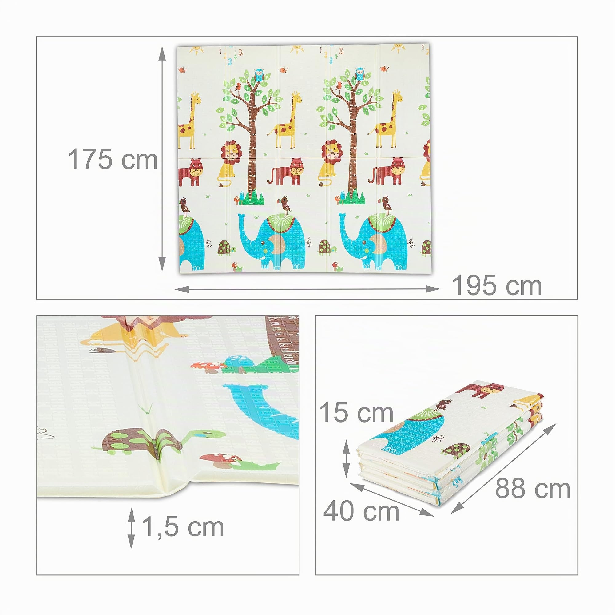 Relaxdays Tappeto per Bambini, Pieghevole e Lavabile, 195 x 175 cm, Atossico, Gommapiuma XPE, Motivo Animali, Colorato