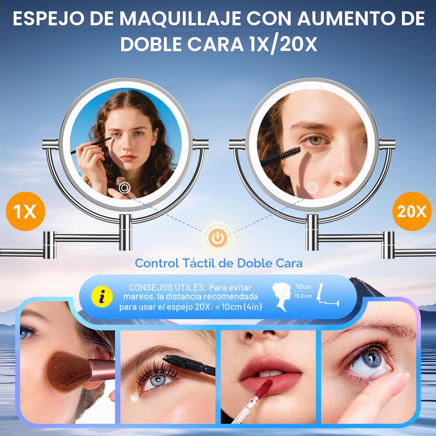 Auxmir Espejo Maquillaje con Luz Pared, 1X/20X Aumento Doble Cara Giratorio 360, Espejo Baño Extensible Táctil con Enchufe, 3 Colores Brillo Regulable, para Hotel, SPA, Plata
