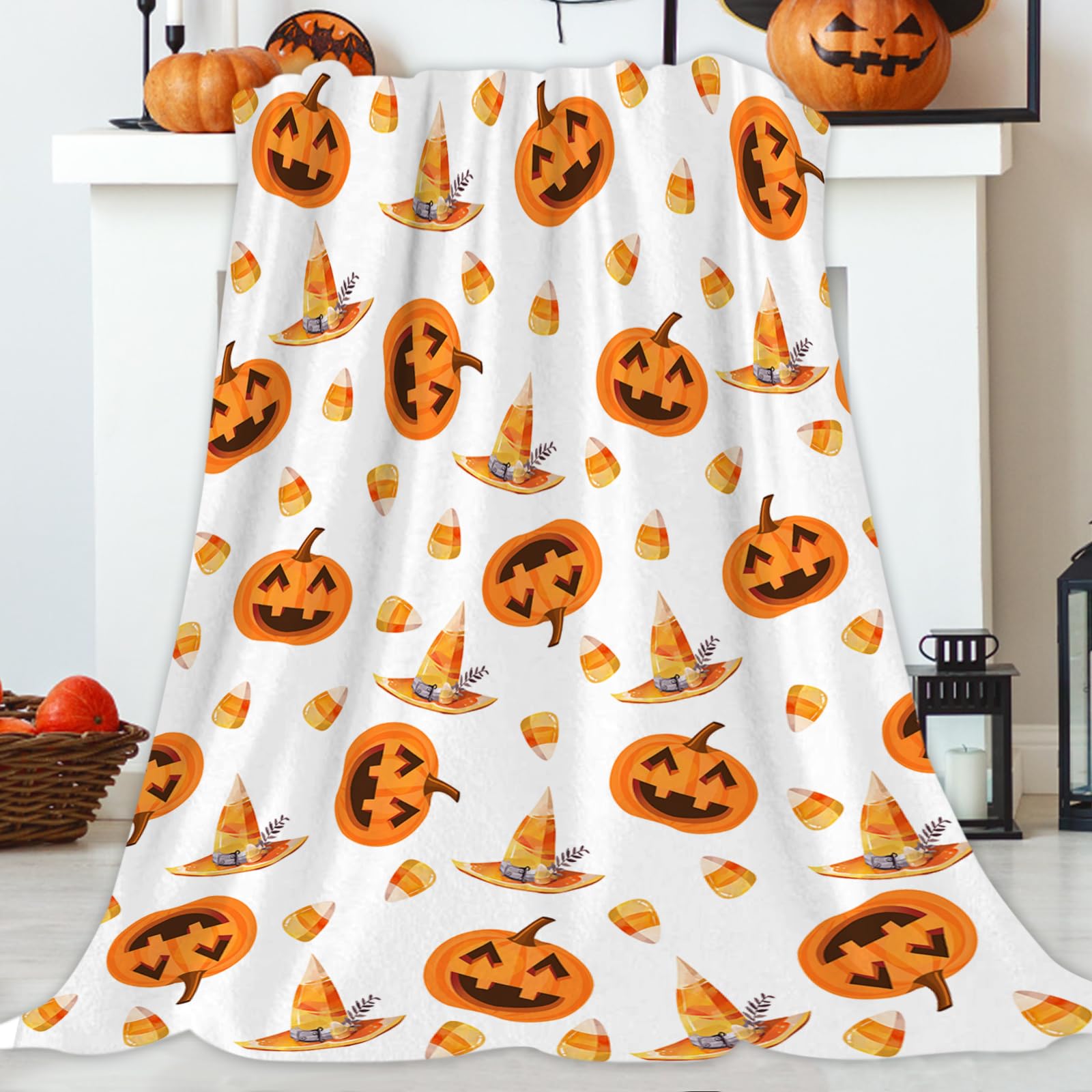 JOOCAR Halloween Theme Throw Blanket Happy Jack O Lantern Pumpkins with Candy Witch Hat Blanket Cozy Soft Lightweight Flannel Plush Blankets for Bed Couch Living Room Sofa Chair,50x60 Inch