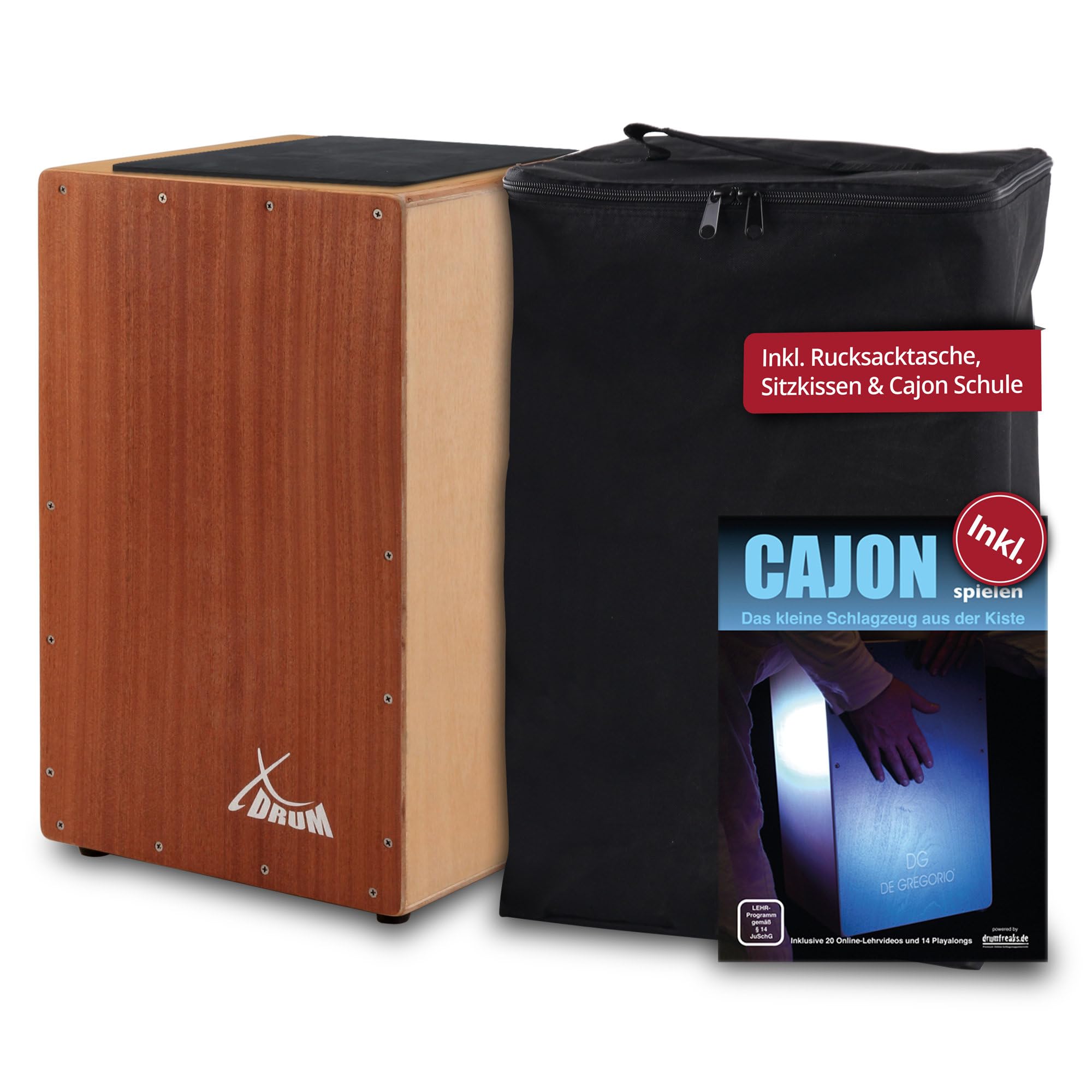 XDrum Cajon Primero Sapeli - Kistentrommel inkl. Rucksacktasche und Schule - Trommelkiste mit Snare Sound - Holz Drum Kiste mit Gigbag