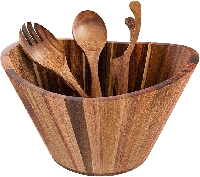 Acacia Wood Salad Bowl Set, 12" Salad Bowls with Serving Utensils