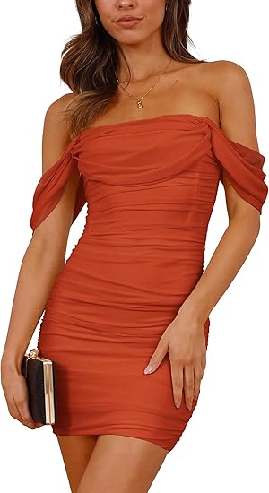 PRETTYGARDEN Cocktail Dresses 2025 Summer Off Shoulder Sexy Bodycon Ruched Mesh Graduation Wedding Guest Mini Short Dress