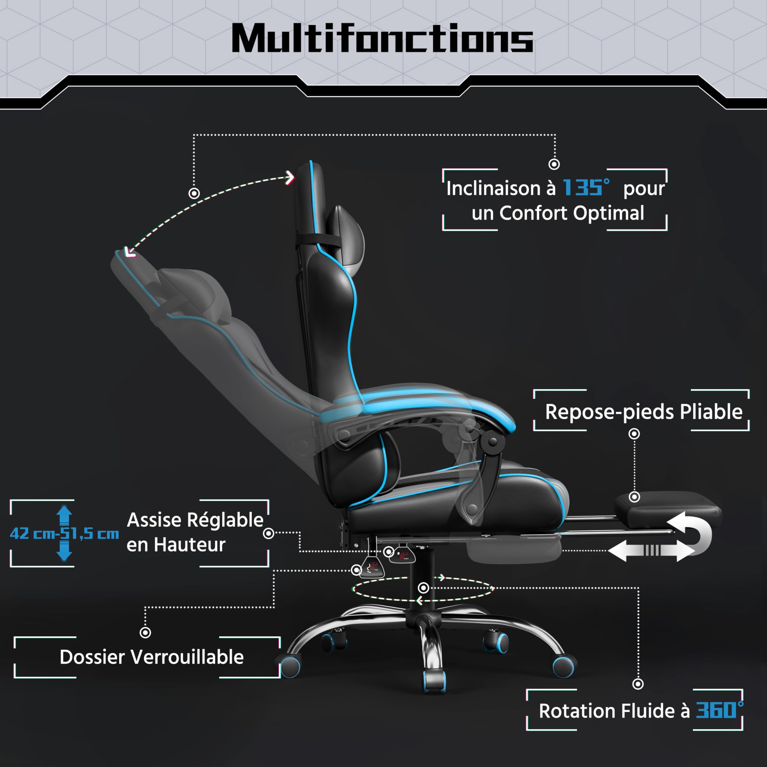 Yaheetech Chaise Gaming Massage Dossier Ailes Latérales Repose-Pieds Gris | Inclinable & Hauteur Ajustable Base 72cm Charge 150kg Têtière Incluse Coussin Lombaire Massant USB Similicuir Bureau Salle