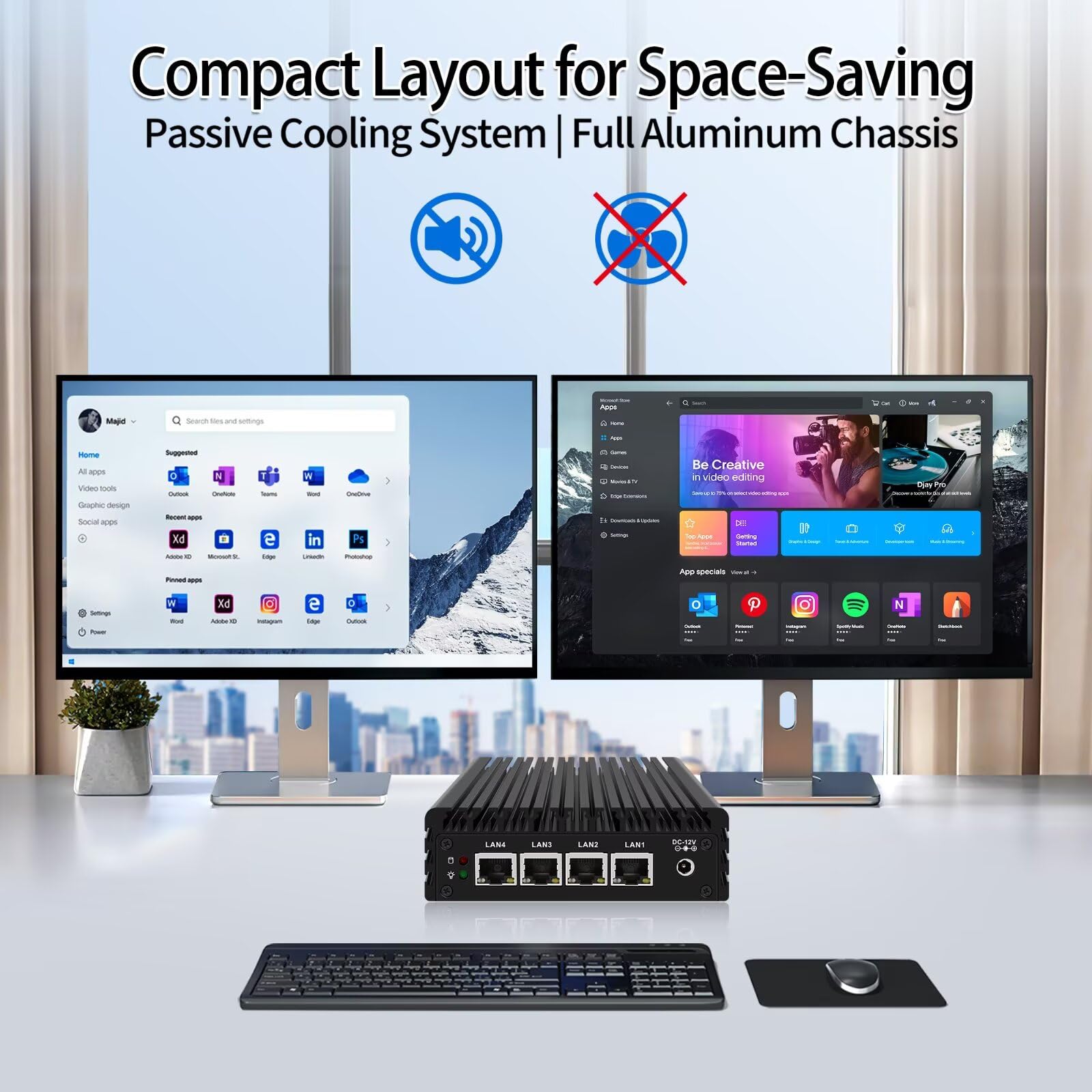 Micro Firewall Appliance, Fanless Mini PC J3710 4C/4T, 4x 2.5 GbE i225-V LAN,AES-NI,DDR3 8GB SSD 128GB Router Netzwerk Security USB3.0/HD/DP/Console RJ45 Port/Wi-Fi, Dual Display