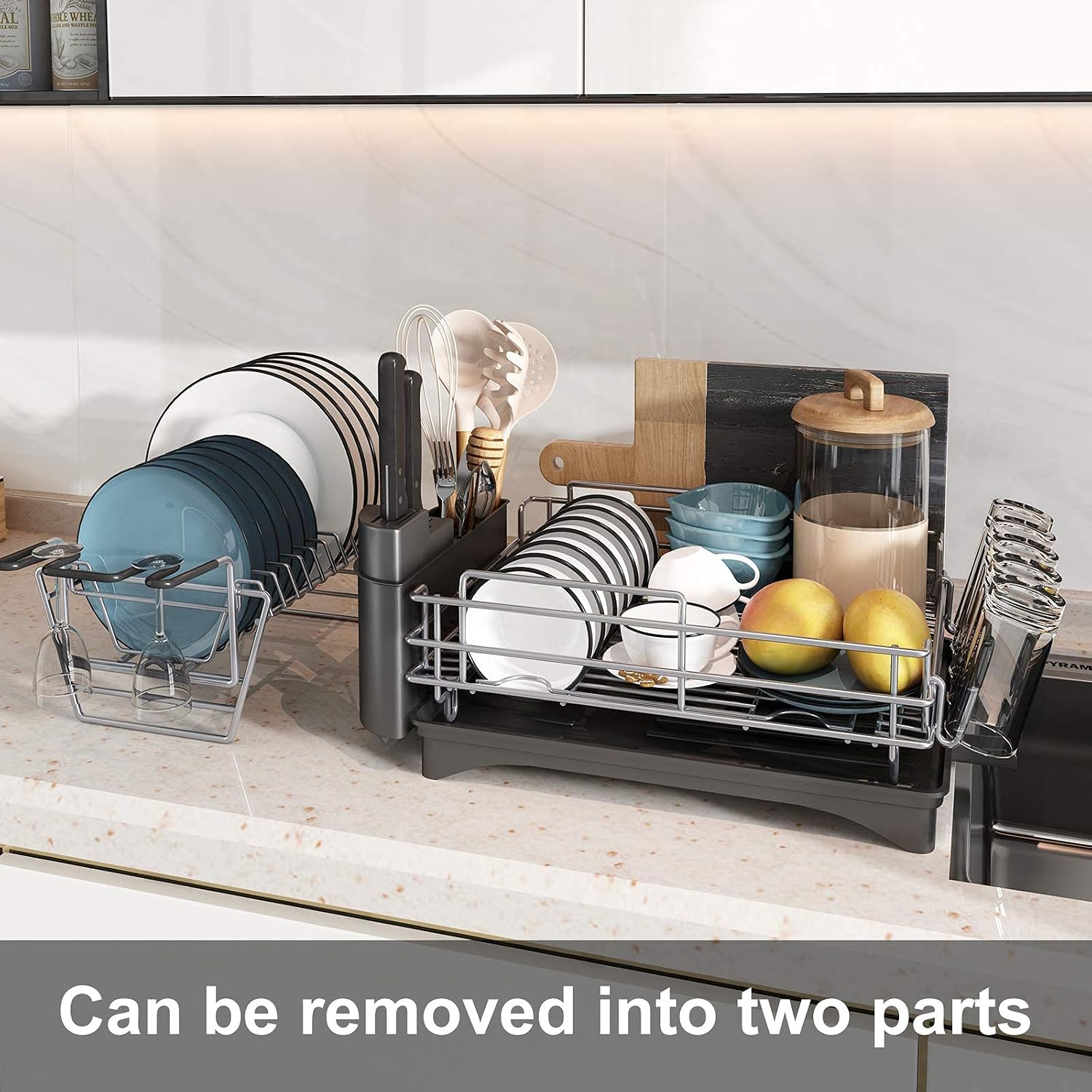 JASIWAY Dish Rack and Drainboard Set, 2 Tier Large Dish Drying Rack with Drainboard, Stainless Steel Dish Drainer for Kitchen Counter with Utensil Holder, Cutting Board Holder, Cup Rack and Dry Mat