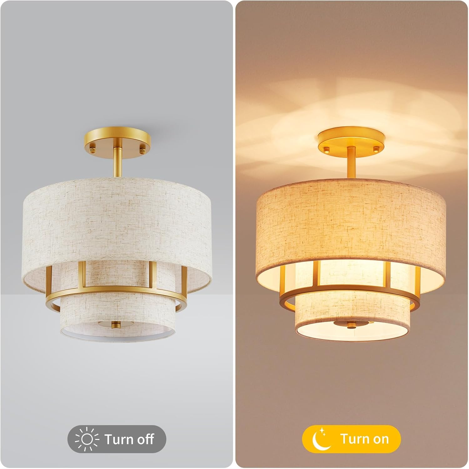 2-Layer Fabric Drum Ceiling Light, 3-Light Semi-Flushmount Light Fixture for Living Room, Bedroom, Hallway, D13×H14 inch, Gold Finish Frame & Linen Lampshade