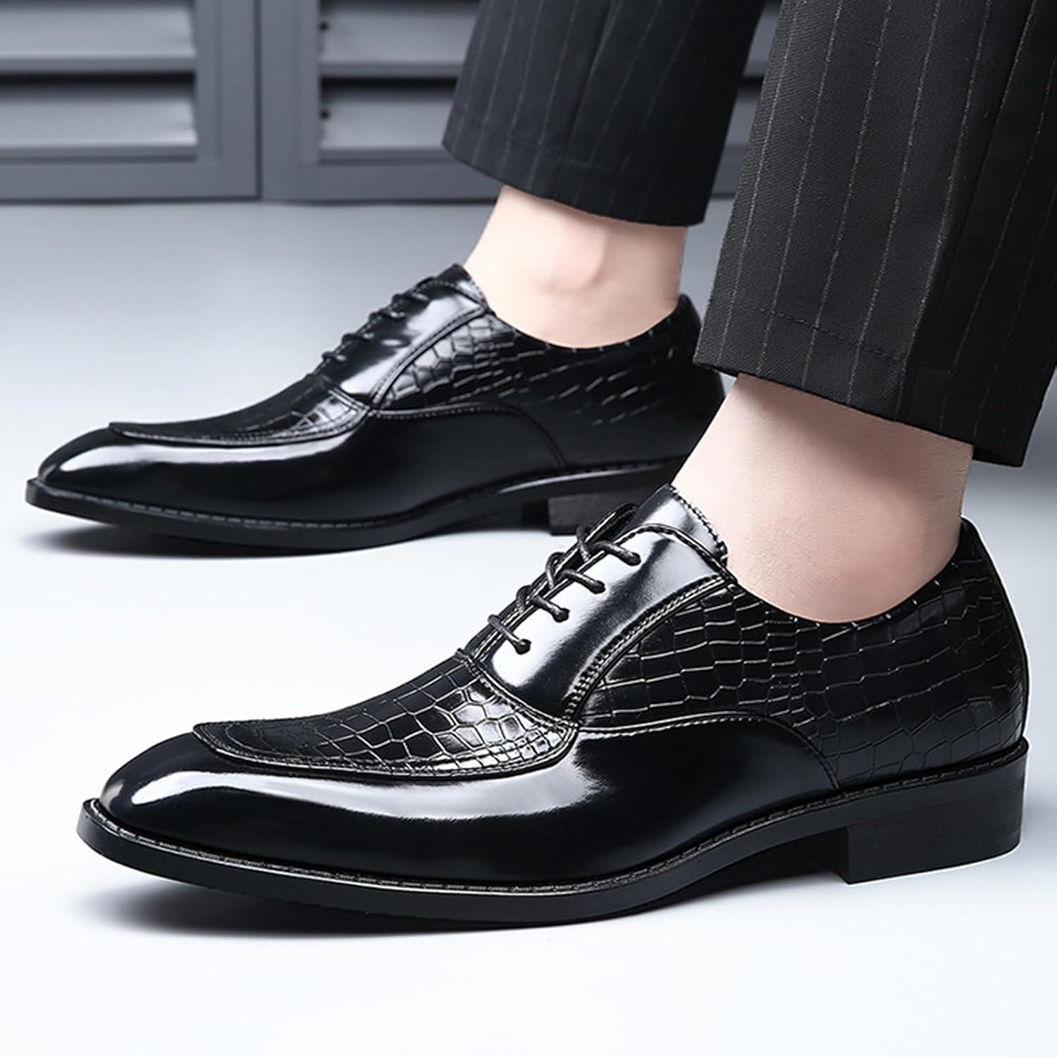 Men's Retro Leather Print Plain Toe Business Oxfords Fashion Lace Up Pointed Toe Slip On Derby Formal Dress Shoes for Work Party Wedding - Image 3