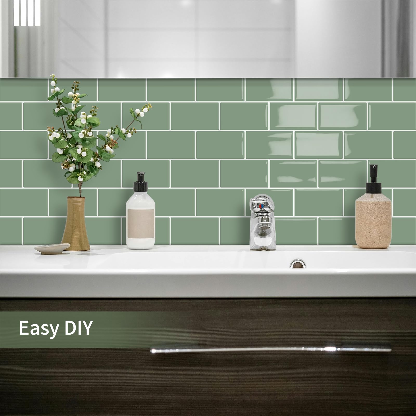 Plus épais Credence Adhesive pour Cuisine Stickers Carrelage Metro,Vert 3d Salle de Bain Crédence Adhesive,Adhesif Mural Carreaux en vinyle Autocollant (10-Pièces, 30 x 30cm)