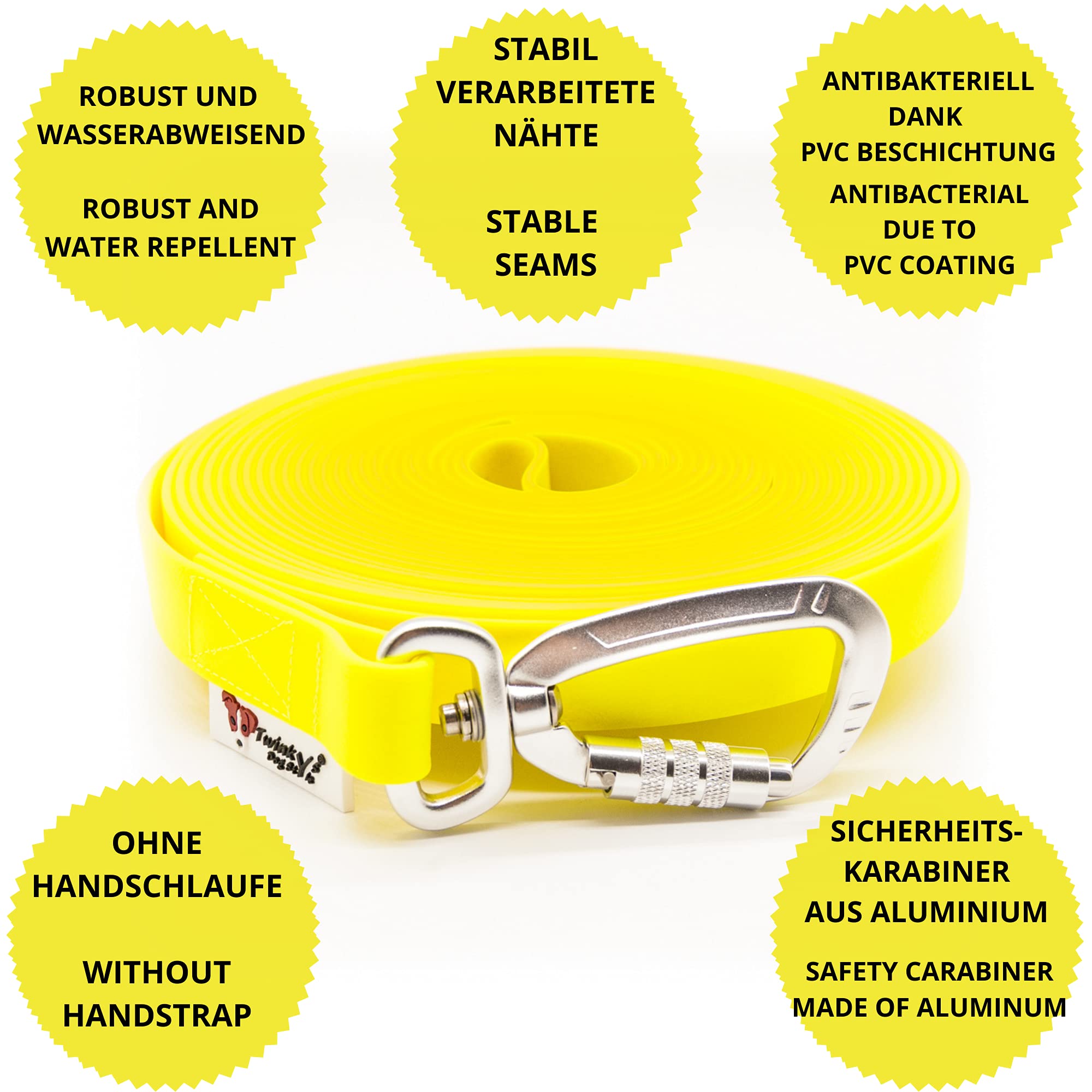 Dog Style Hundeleine Schleppleine Wasserabweisend 15 mm breit mit Sicherheitskarabiner für Hunde 15 Meter OHNE Handschlaufe Neon Gelb Made in Germany