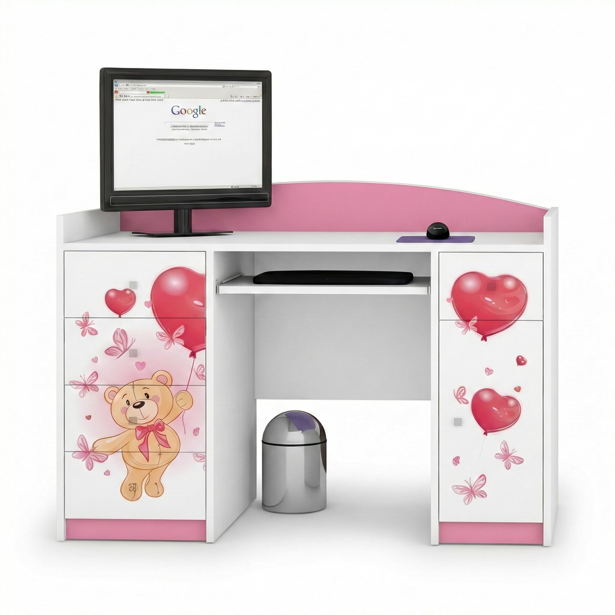 Happy Babies Scrivania per bambini con 5 cassetti, colore bianco, blu, 125 x 89 x 60 cm, scrivania per computer con ripiano per tastiera, per cameretta dei bambini, motivo orsacchiotto