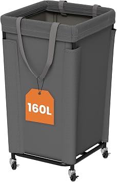 Laundry Basket with Wheels, Large Laundry Hamper with Removable Bag and Steel Frame, 160L Rolling Dirty Clothes Basket for Bedroom, Bathroom, Laundry Room Gray