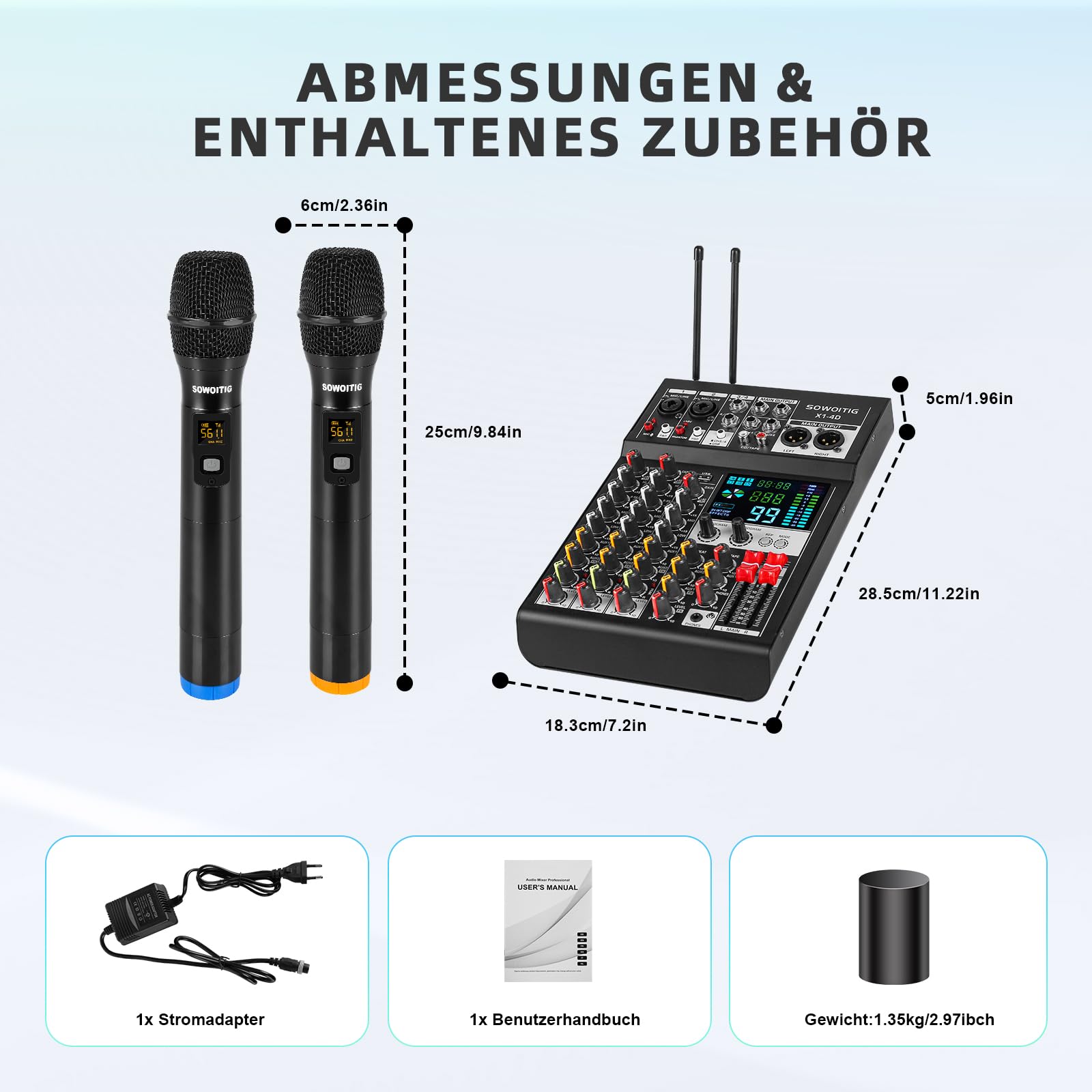 Mixer audio a 4 canali con 2 microfoni senza fili, console professionale DJ con 99 DSP MP3 Bluetooth 48 V alimentazione phantom PAD e interfaccia USB per registrazione, karaoke domestico e streaming