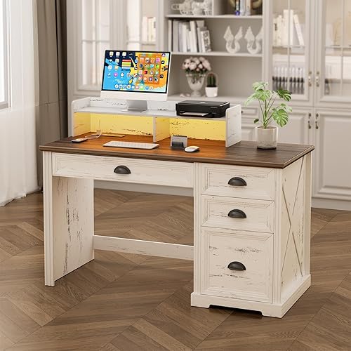 Miniatura 9 de Escritorio de computadora con soporte para monitor, escritorio de madera para oficina en casa con tomas de corriente de luces LED, estación de