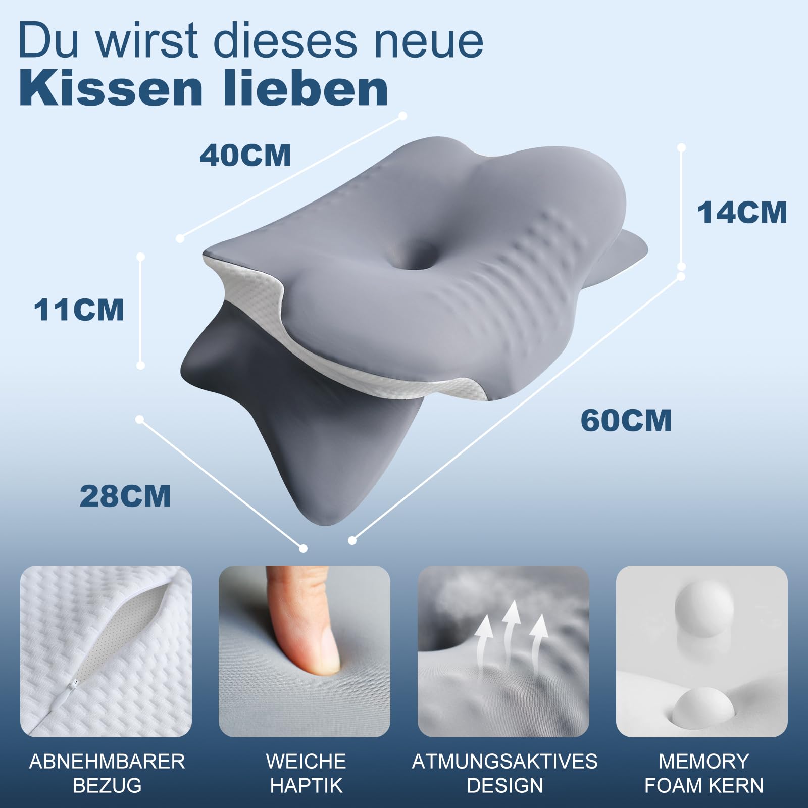 Almohada cervical, cojín cervical con soporte cervical 3D, certificado CertiPUR-US y OEKO-TEX, almohada para dormir de lado con funda lavable transpirable, para dormir de lado, espalda y boca abajo