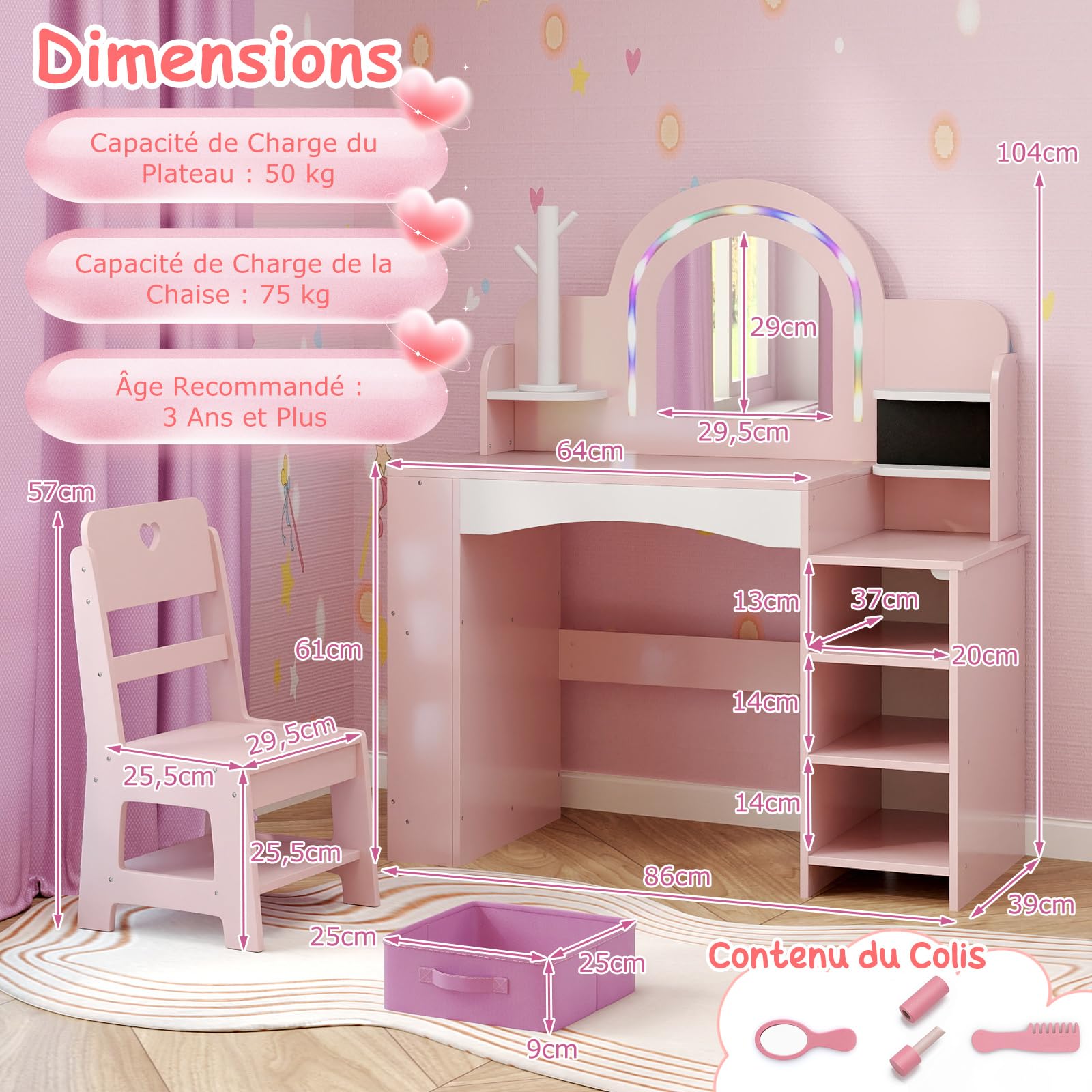 COSTWAY Coiffeuse Enfants Fille avec Chaise & Miroir Éclairé, Bureau Enfant Fille avec Bibliothèque & Étagères Ouvertes & Support pour Bijoux, Dispositif Anti-basculement pour 3 Ans+ (Rose)