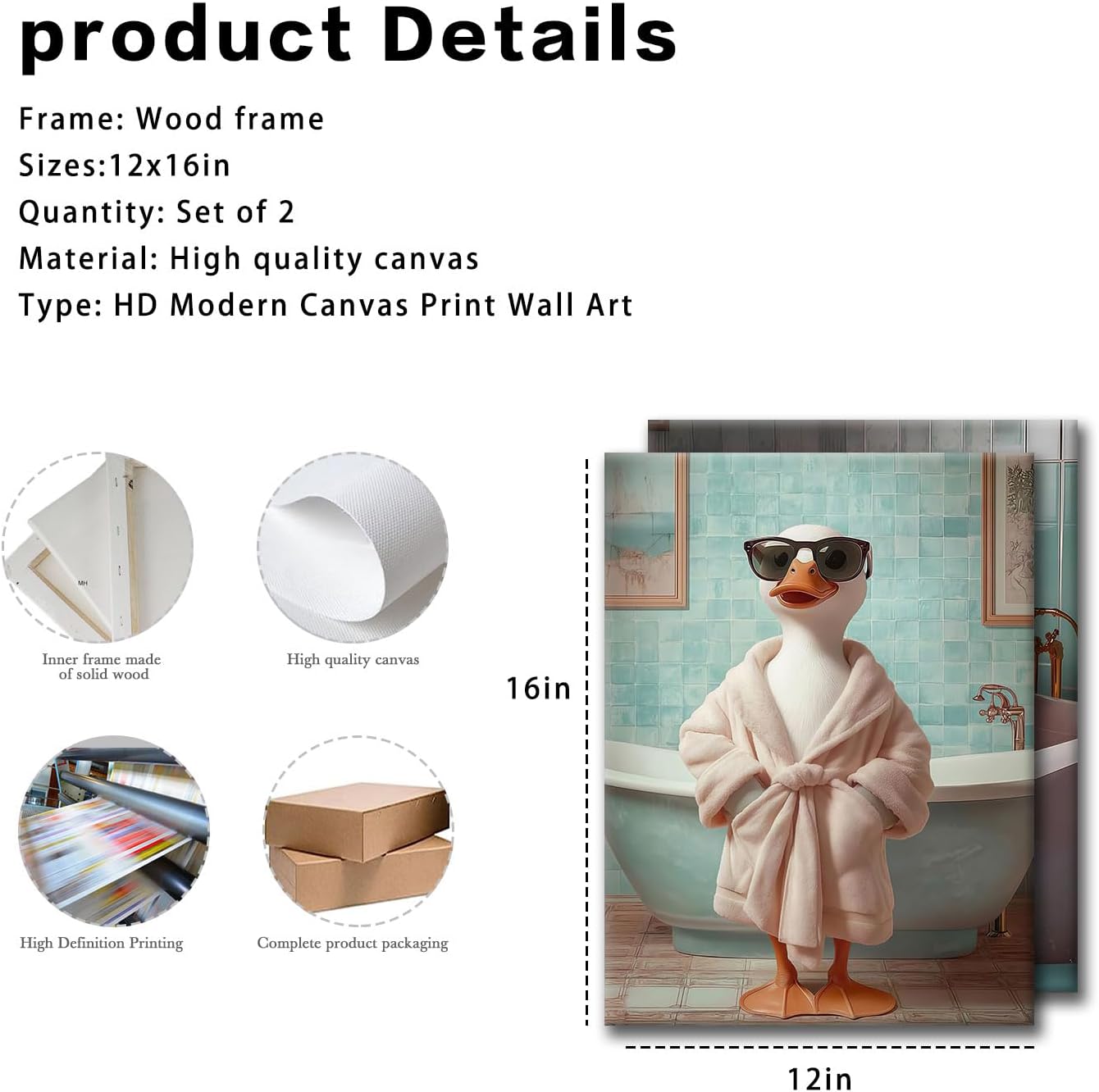 2pcs Funny Duck Bathroom Wall Art Framed 12x16 Inch Cute Animal in Bathtub Canvas Wall Decor Quirky Duck Wearing Sunglasses and Bathrobe Poster Print for Kids Room Bathroom Hallway Living Room Dorm