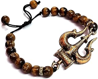 Tiger Eye Crystal Om Mani Padme Hum Mantra Engraved Trishul Damroo Lord Shiva Lucky Charm 8 mm Stretch Bracelet For men And Women, One Size, Crystal, Tiger's Eye