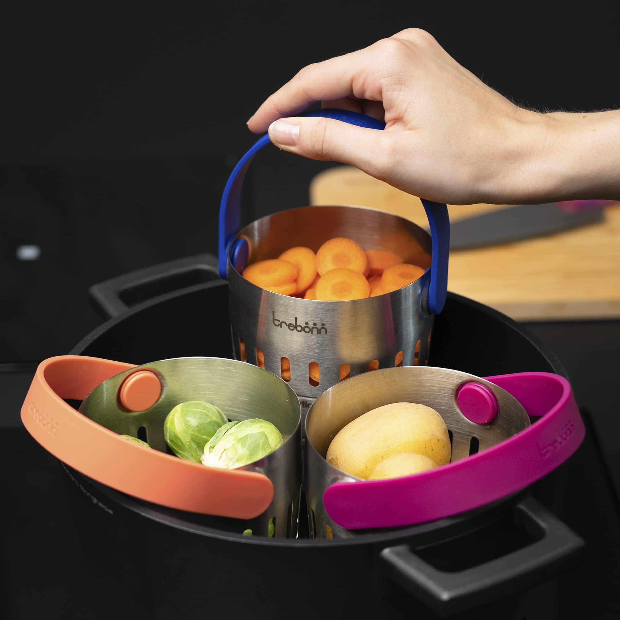 Trebonn - CookinPodPRO Coral - Cesta de cocción de acero inoxidable. Ideal para cocinar pasta, para cocciones al vapor y para freír.