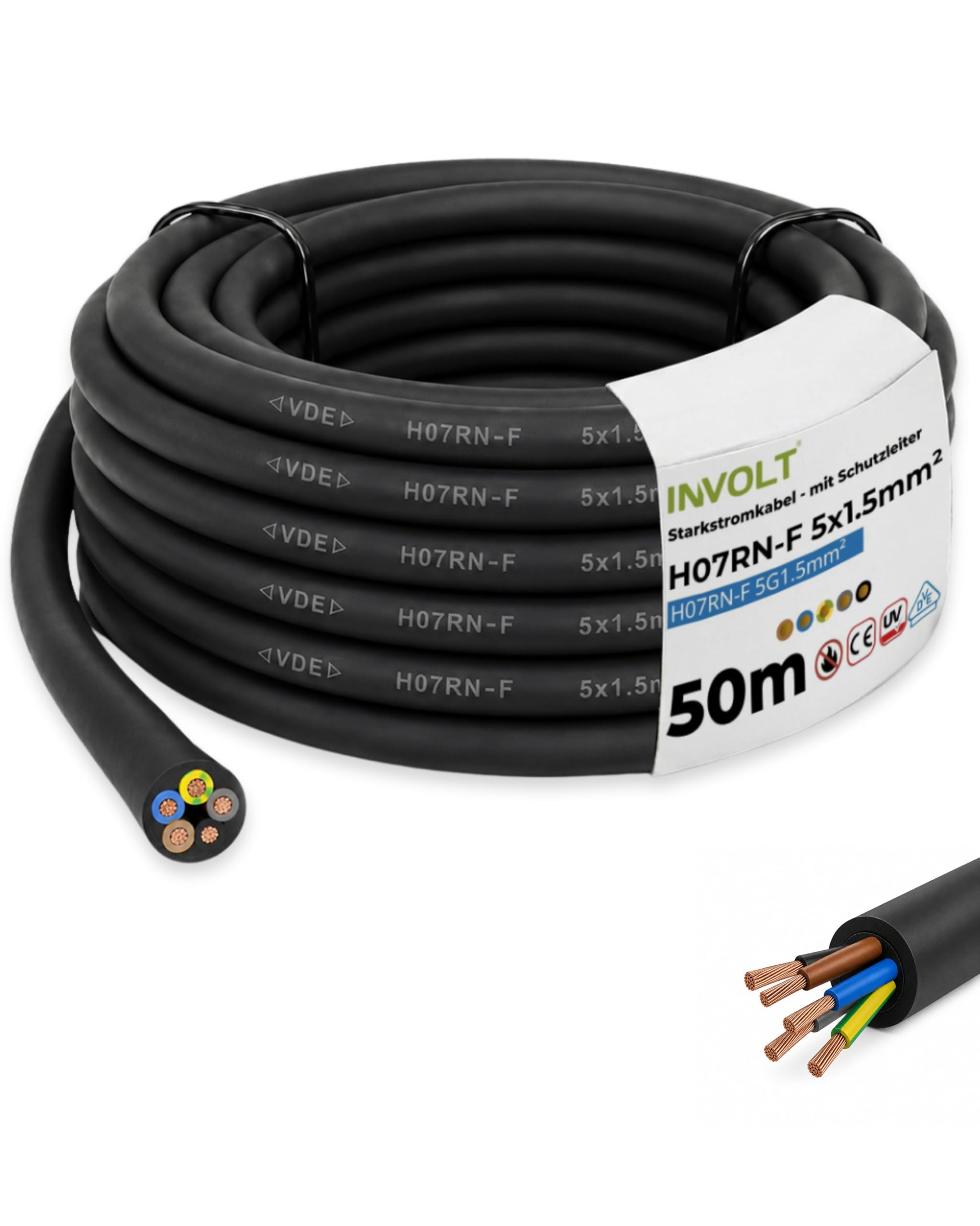 INVOLT 50 m H07RN-F 5G1,5 mm² kabel przedłużający CEE, elastyczny kabel gumowy z przewodem ochronnym, na zewnątrz, na placach budowy, certyfikat VDE