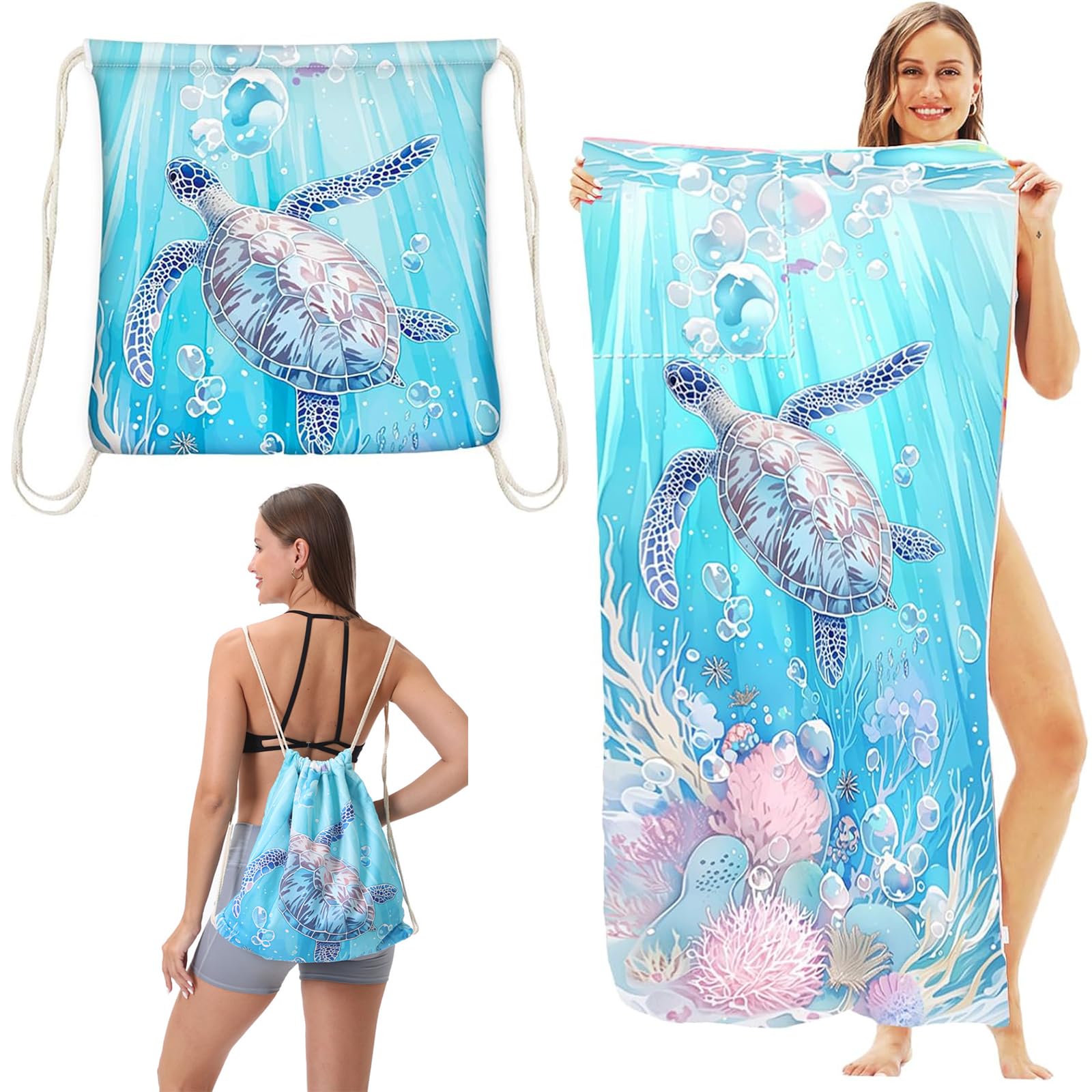 Damski ręcznik plażowy, z mikrofibry, 140 x 70 cm, plecak 2 w 1, ręcznik plażowy, chłonny, szybkoschnący, bez piasku, koc plażowy na plażę, podróż, do pływania, niebieski żółw