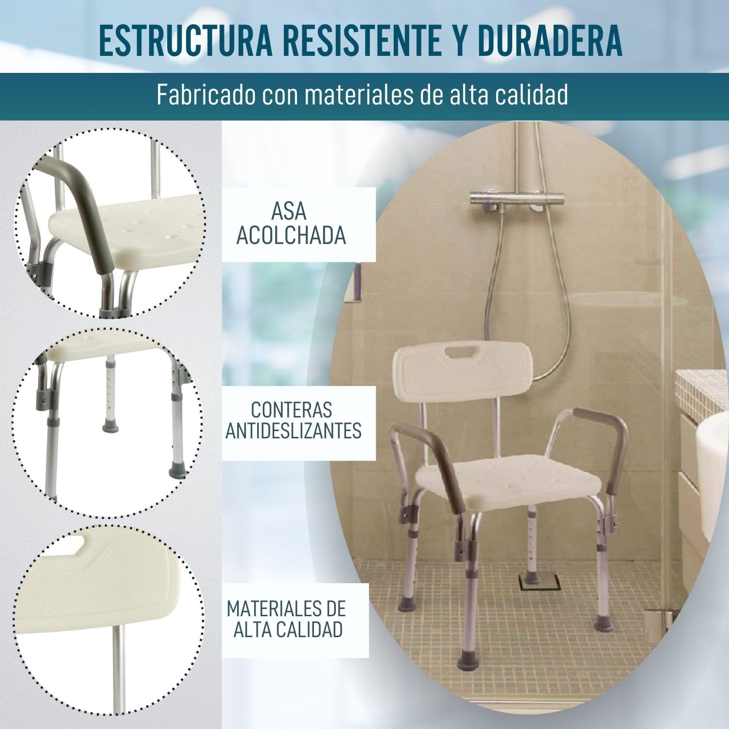 OrtoPrime Silla Ducha con Respaldo Extraíble - Taburete Baño Ortopédico Adultos y Niños - Reposabrazos Acolchados - Regulable 6 Alturas - Asiento de Aseo Cómodo y Seguro