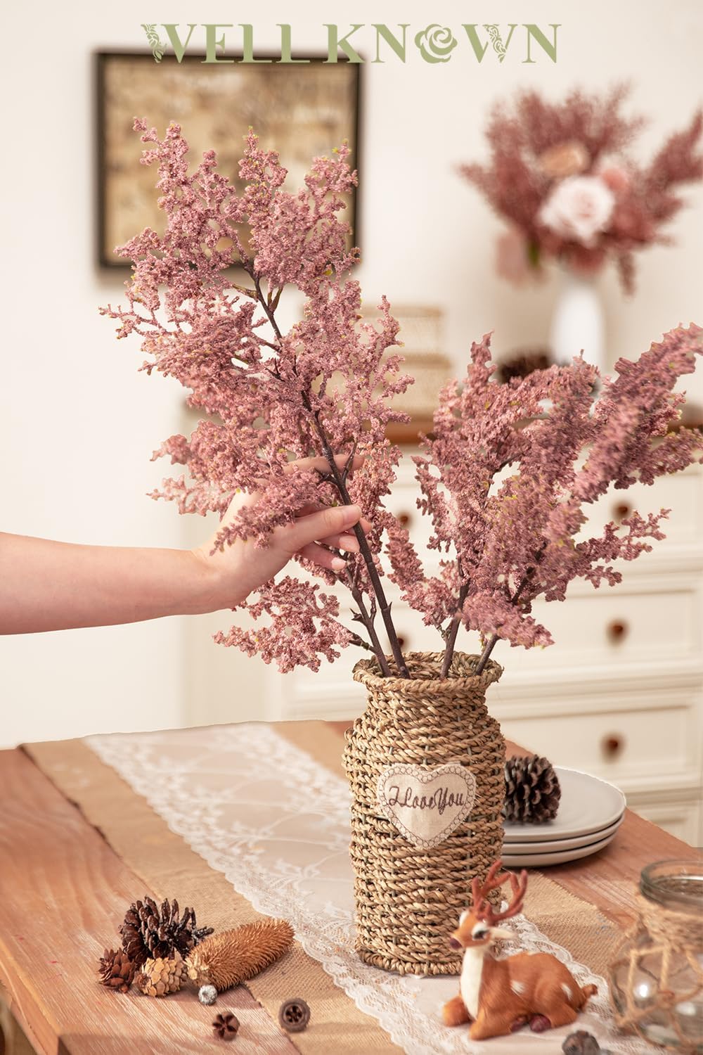 WELL KNOWN 4 Branches Artificial Cedar Spray 19.5" Pink Floral Picks Faux Cedar Pine Branches Stems, DIY Pink Floral Arrangements for Home Vase Wedding Wreath Holiday Garden Decoration & Gift