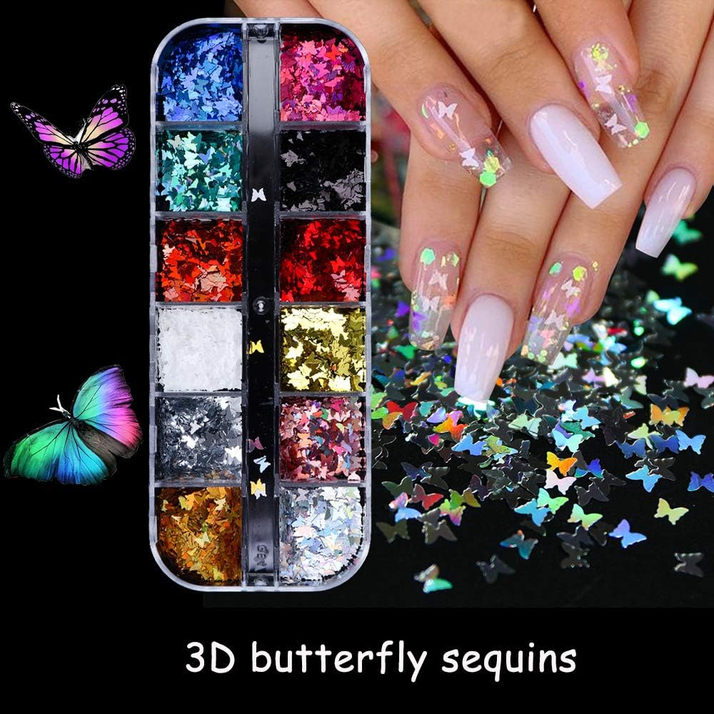 LABOTA 3 Boxes Holographic Nail Sequins, 3D Butterfly Nail Glitter Sequins, Iridescent Mermaid Flakes Colorful Glitter Sticker, 12 Colors Dried Flowers Nail Art Design Make Up DIY Decals Decoration