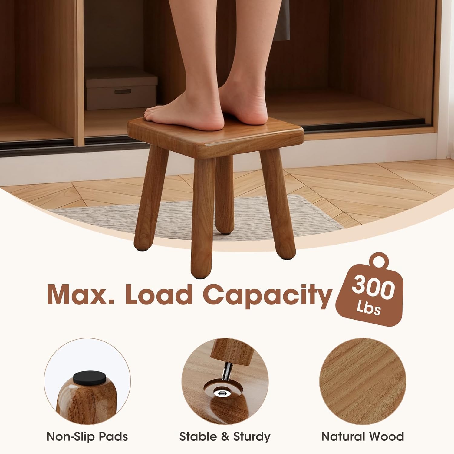 9 Inch Small Wooden Step Stool, multi-functional footstool, shoe changing stool, indoor plant stand, portable and sturdy, suitable for living room, kitchen, bedroom, bathroom (Walnut wood color)