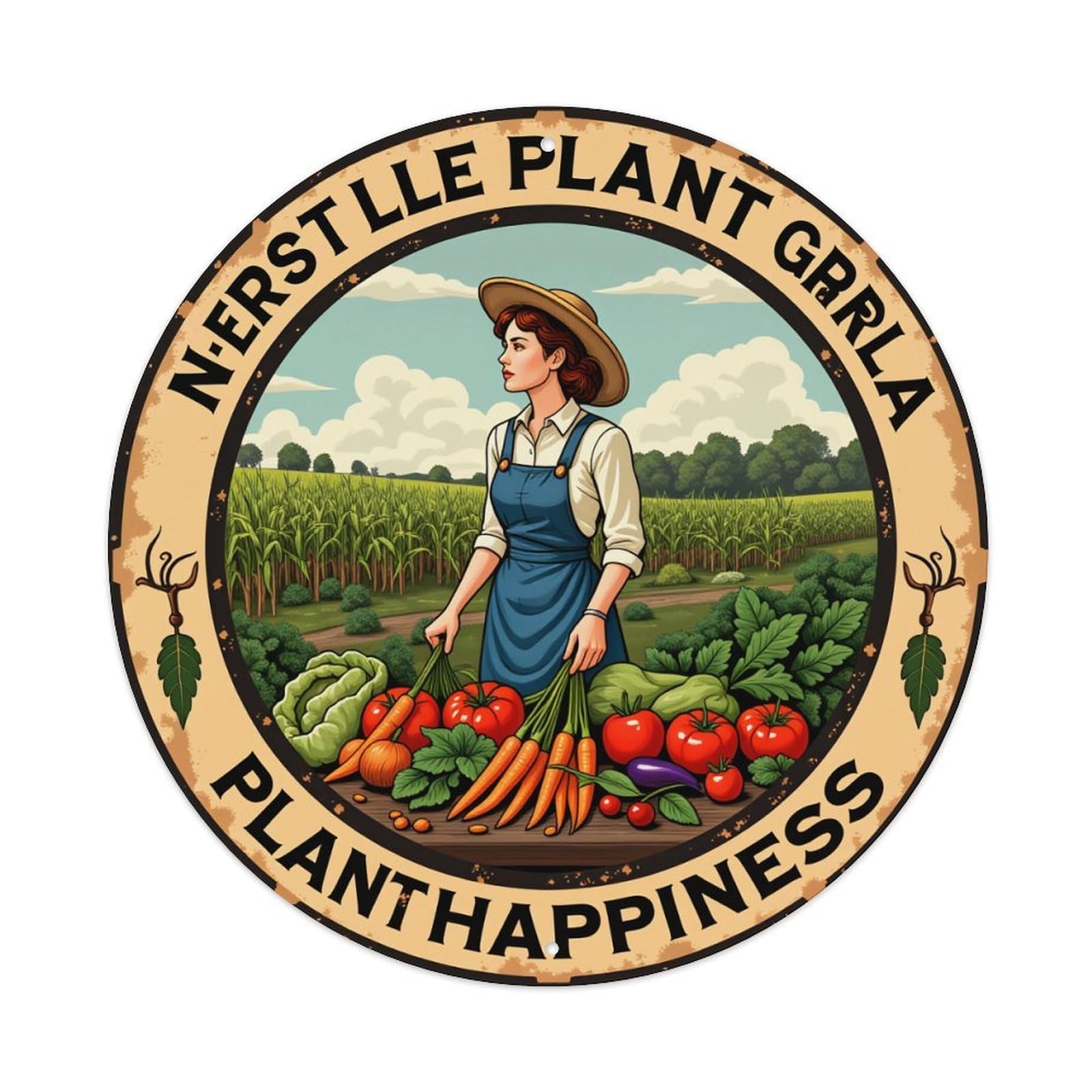 Farmer Holding Fresh Vegetables Round Tin Sign Vintage Metal Poster, Home Bar Garage Man Cave Cafe Indoor & Outdoor Wall Decoration 8x8Inches