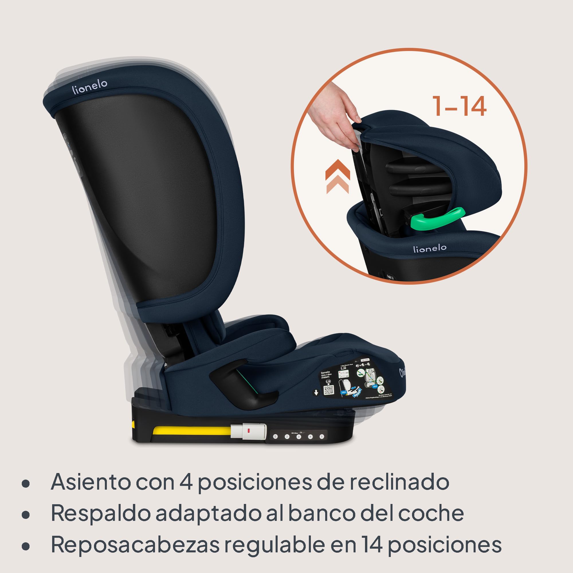 Lionelo Orin Silla Coche i-Size 100–150 cm, ISOFIX, Silla Coche Plegable y Ligera para Viaje, Reposacabezas 14 Posiciones, Respaldo Reclinable, Asiento Niños Grupo 2/3, asiento coche niños 4 años